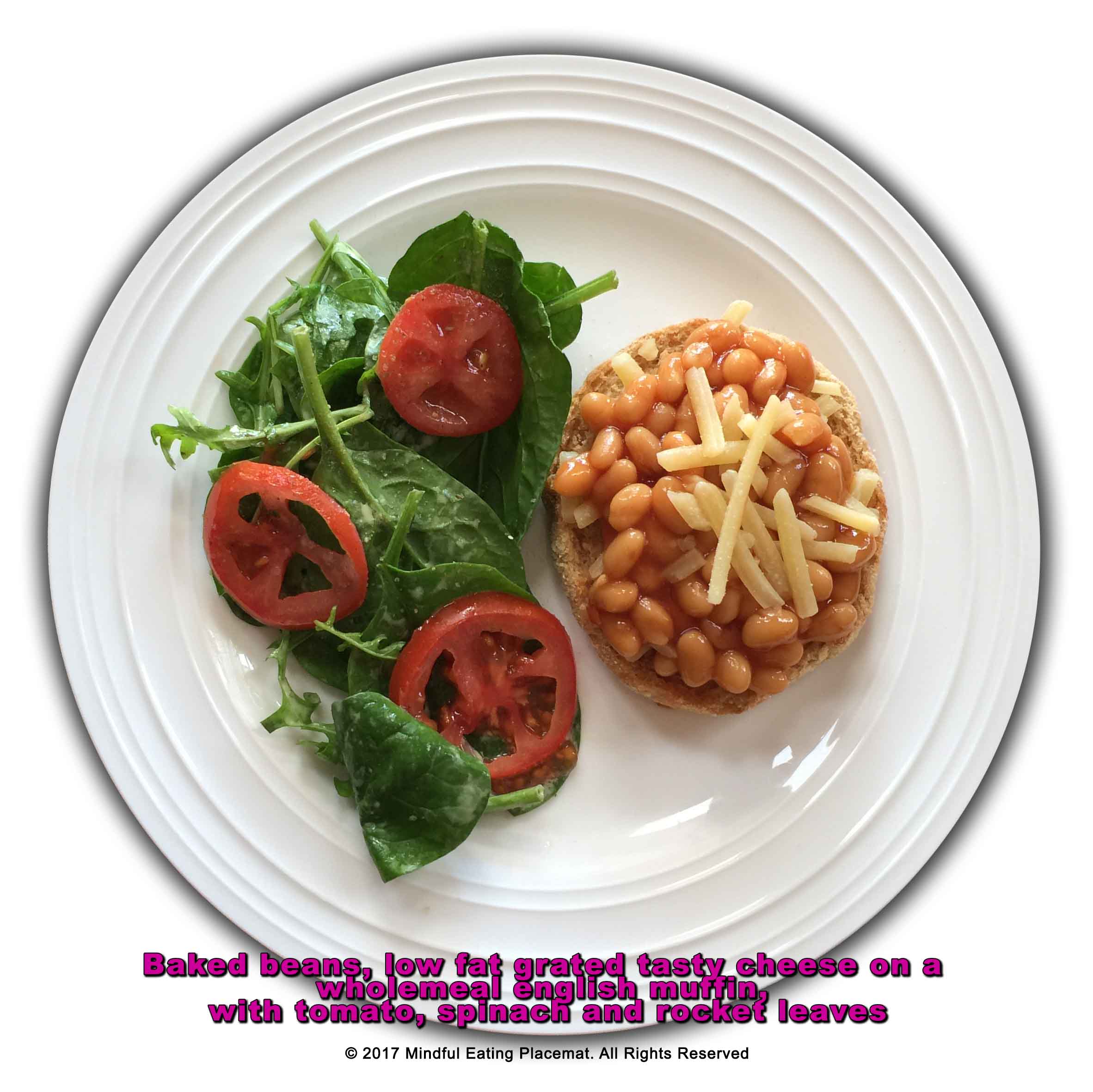 Wholemeal muffin with cheese, baked beans and tomato and spinach salad