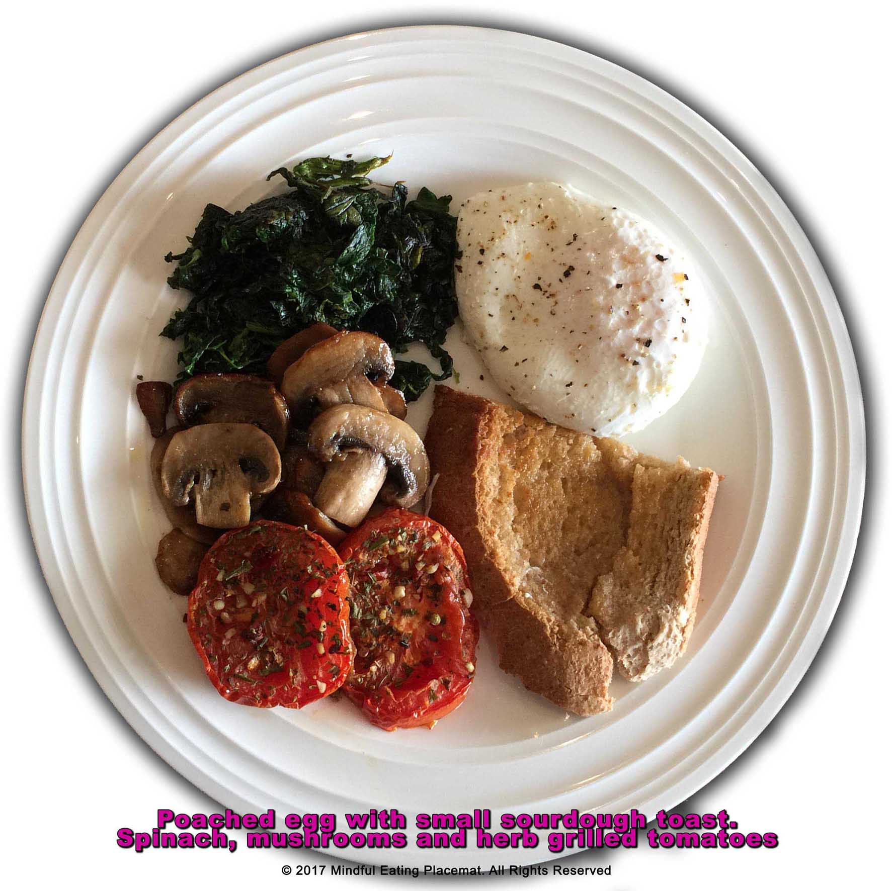Poached egg with sourdough toast, grilled tomatoes, mushrooms and spinach