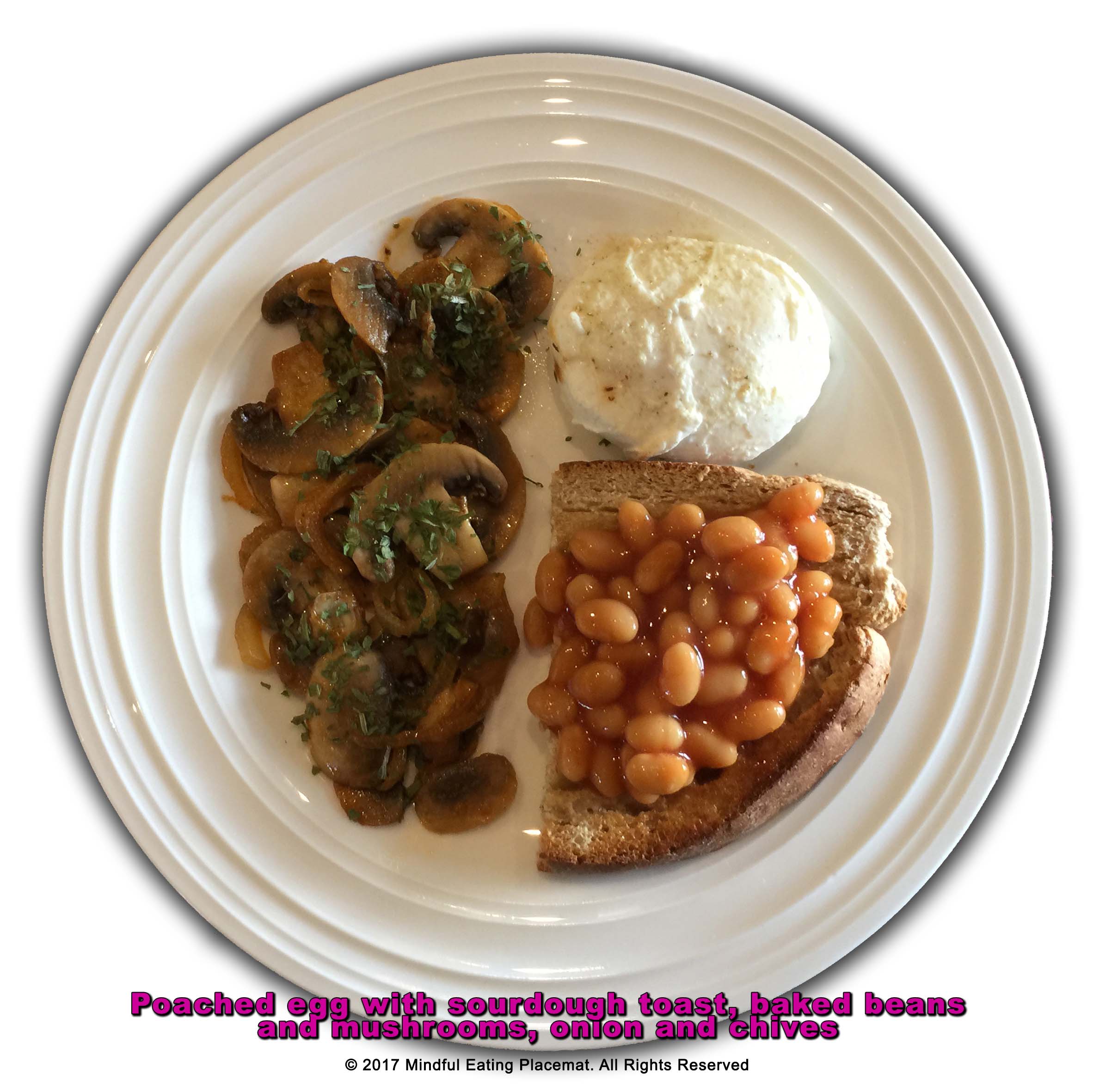 Poached egg with sourdough toast and baked beans with a side of mushrooms