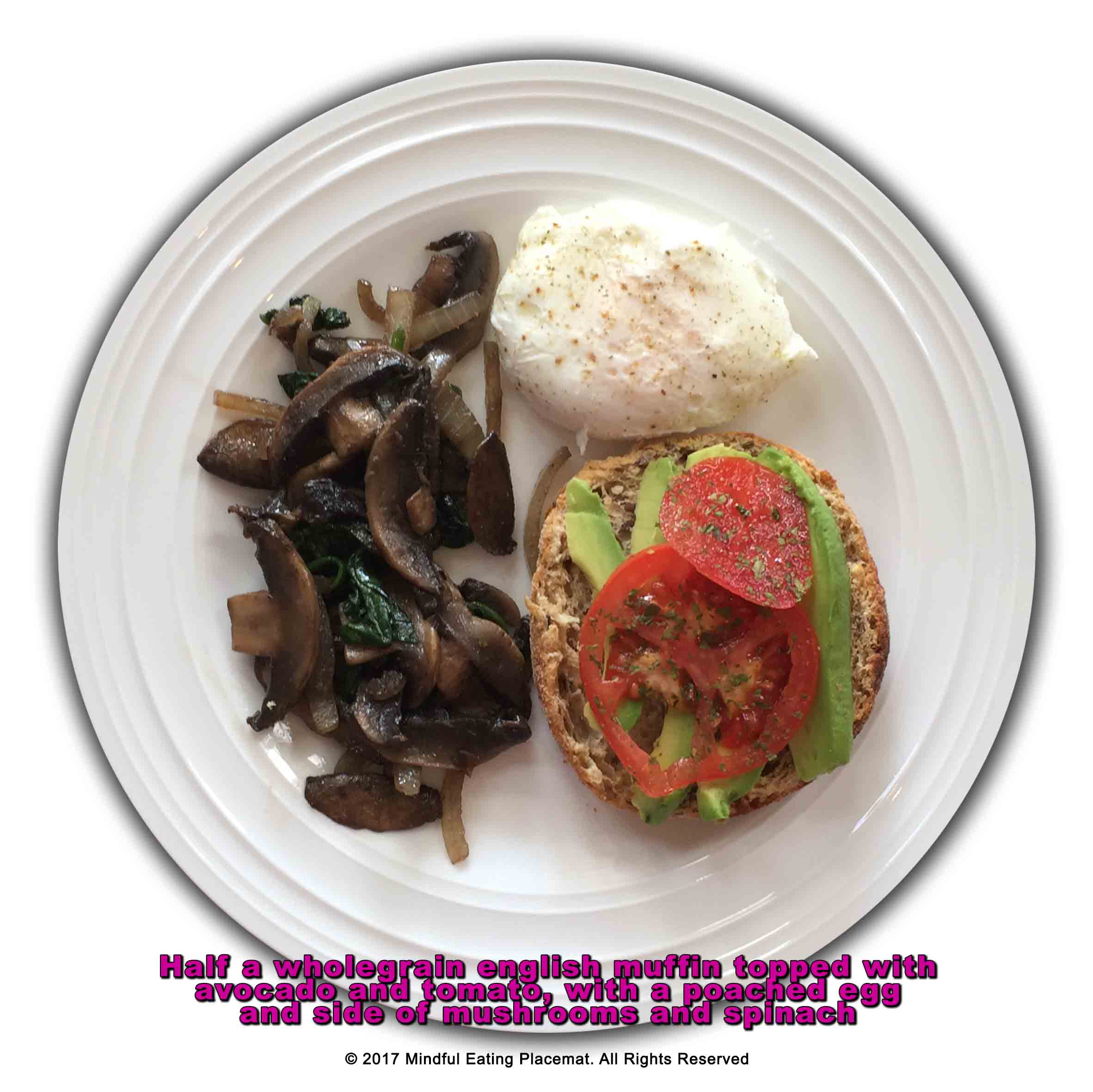 Wholemeal english muffin with avocado, tomato, poached egg, mushrooms and spinach