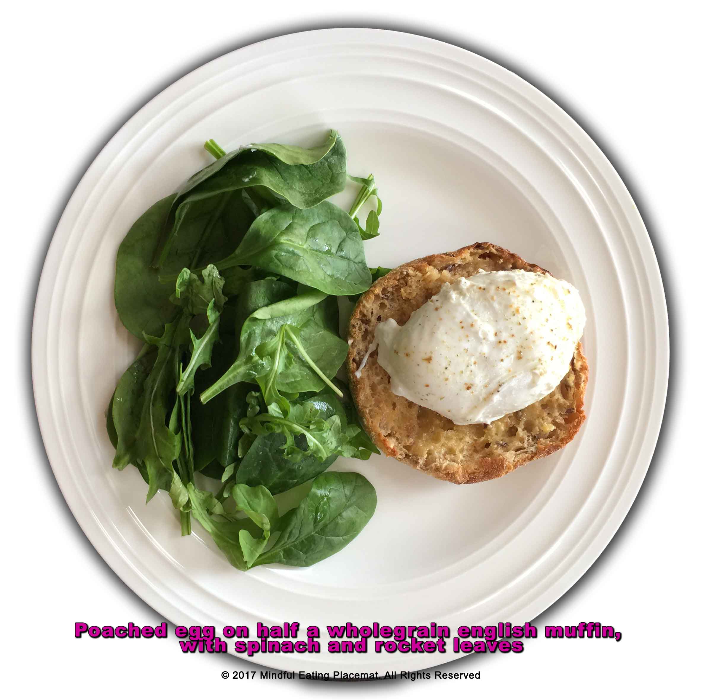 Poached egg on a wholegrain english muffin with spinach and rocket