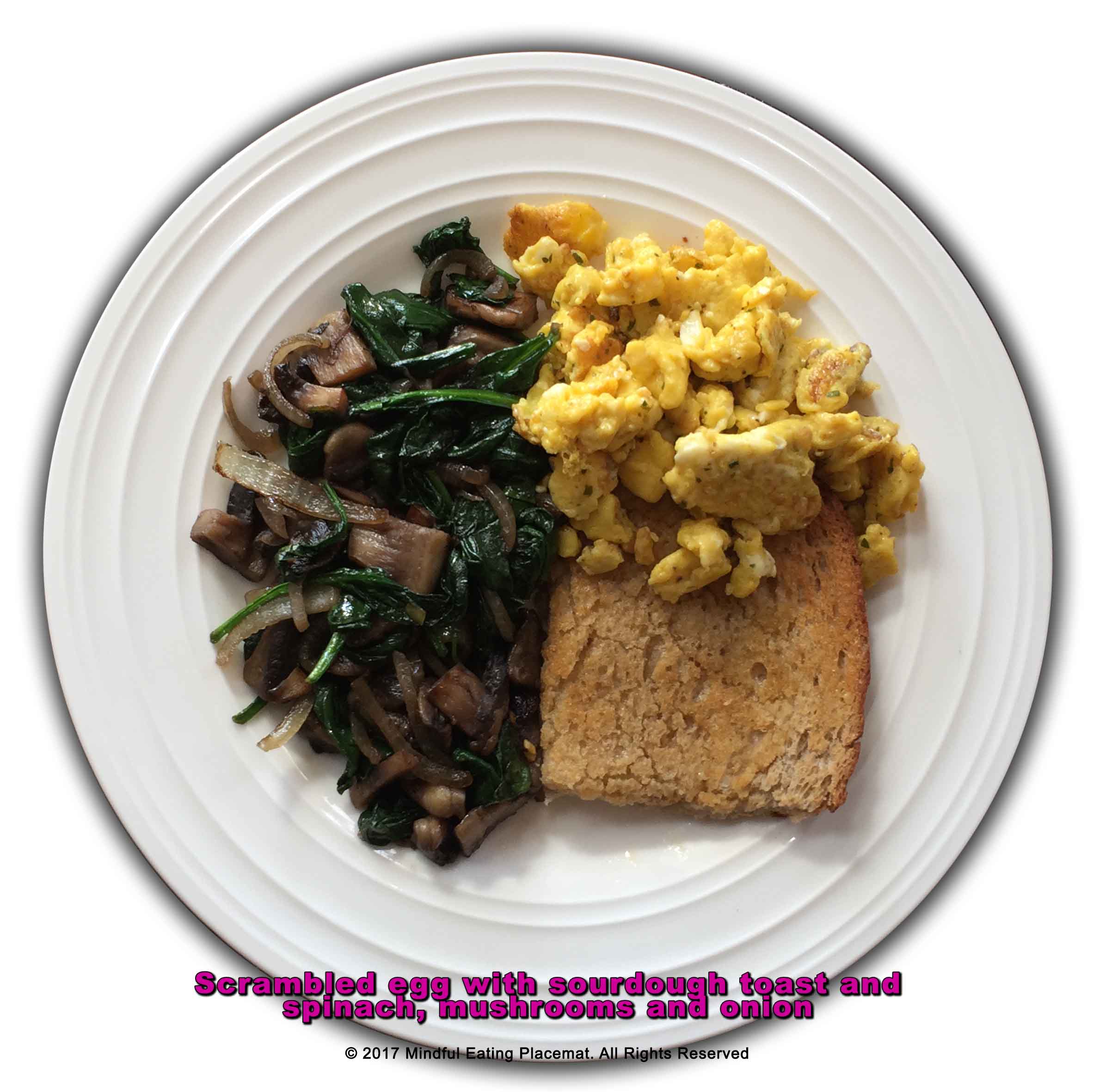 One scrambled egg, with sourdough toast and mushrooms and spinach