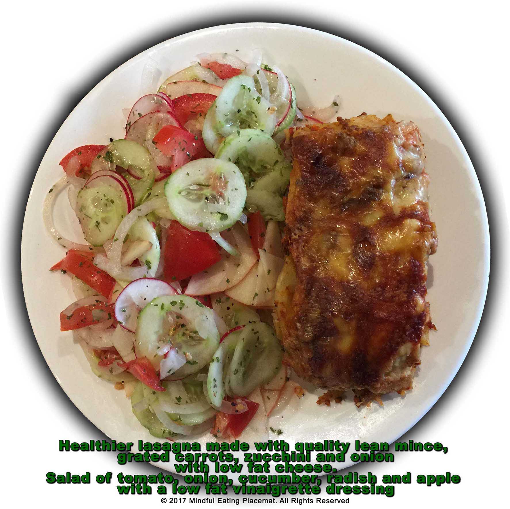 Healthier beef lasagna with cucumber and tomato salad
