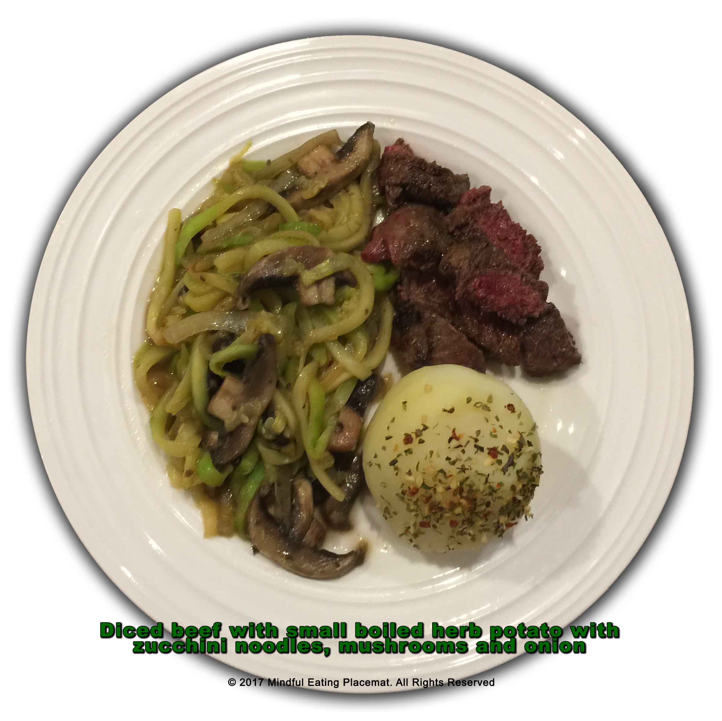 Beef strips with potato and spiralized zucchini noodles