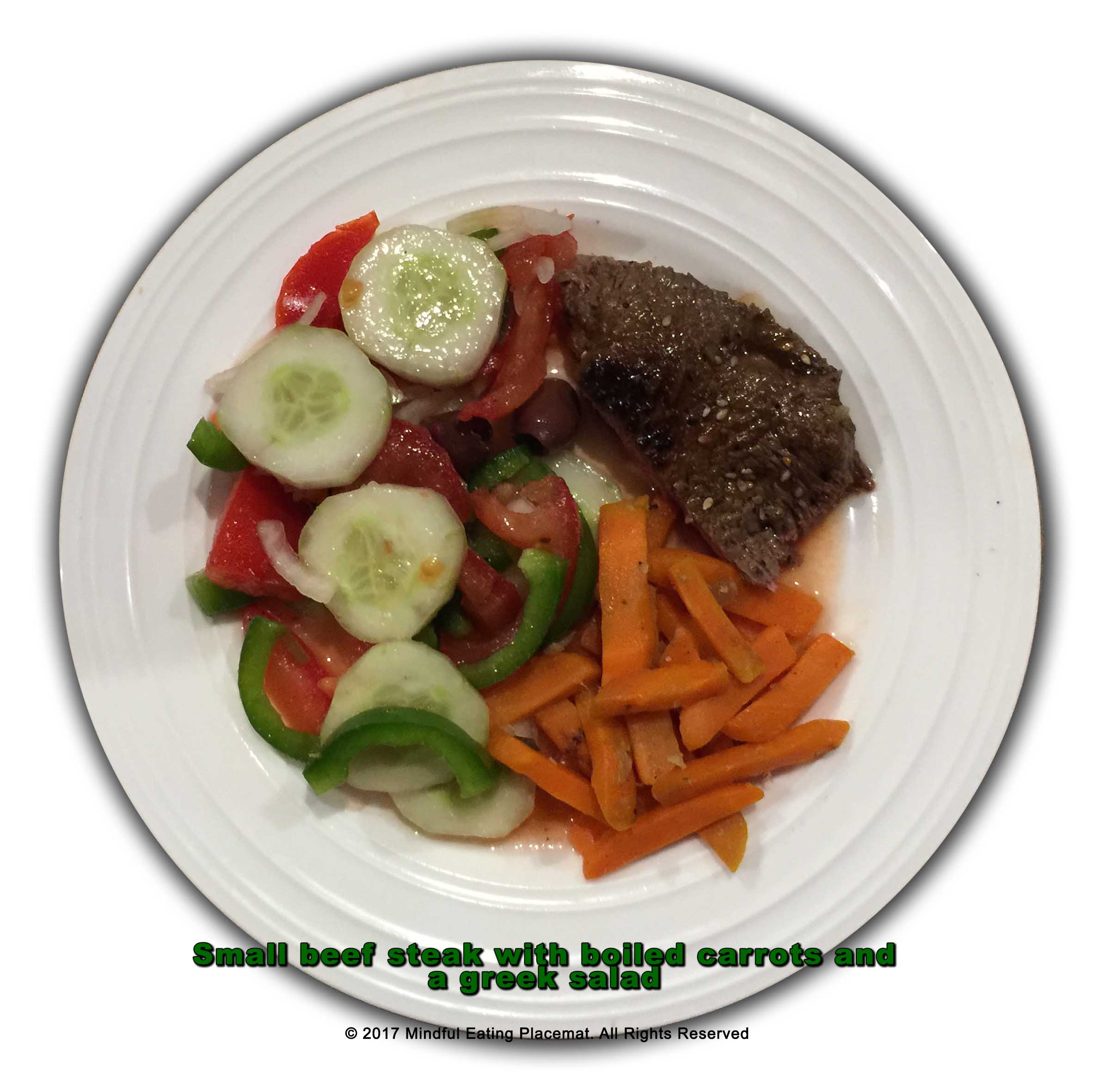 Small beef steak with boiled carrots and a greek salad