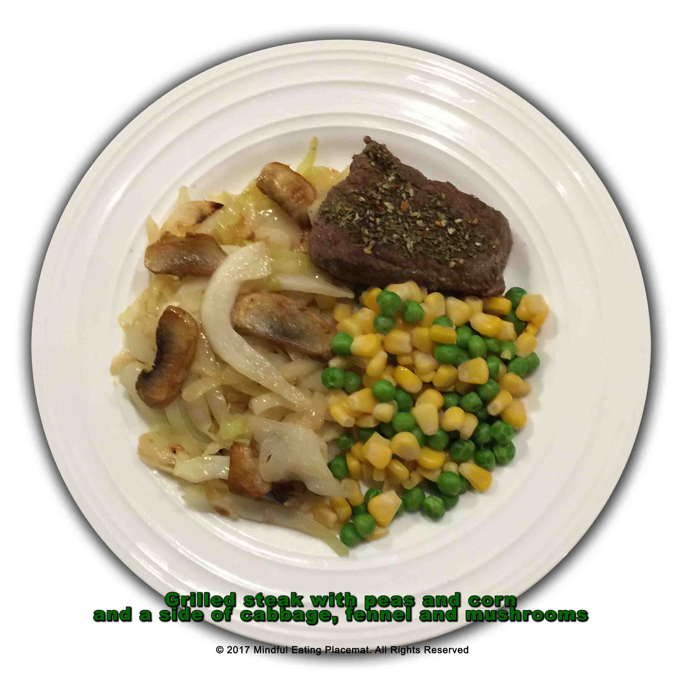 Steak with corn and peas with stir-fried cabbage, fennel and mushrooms 