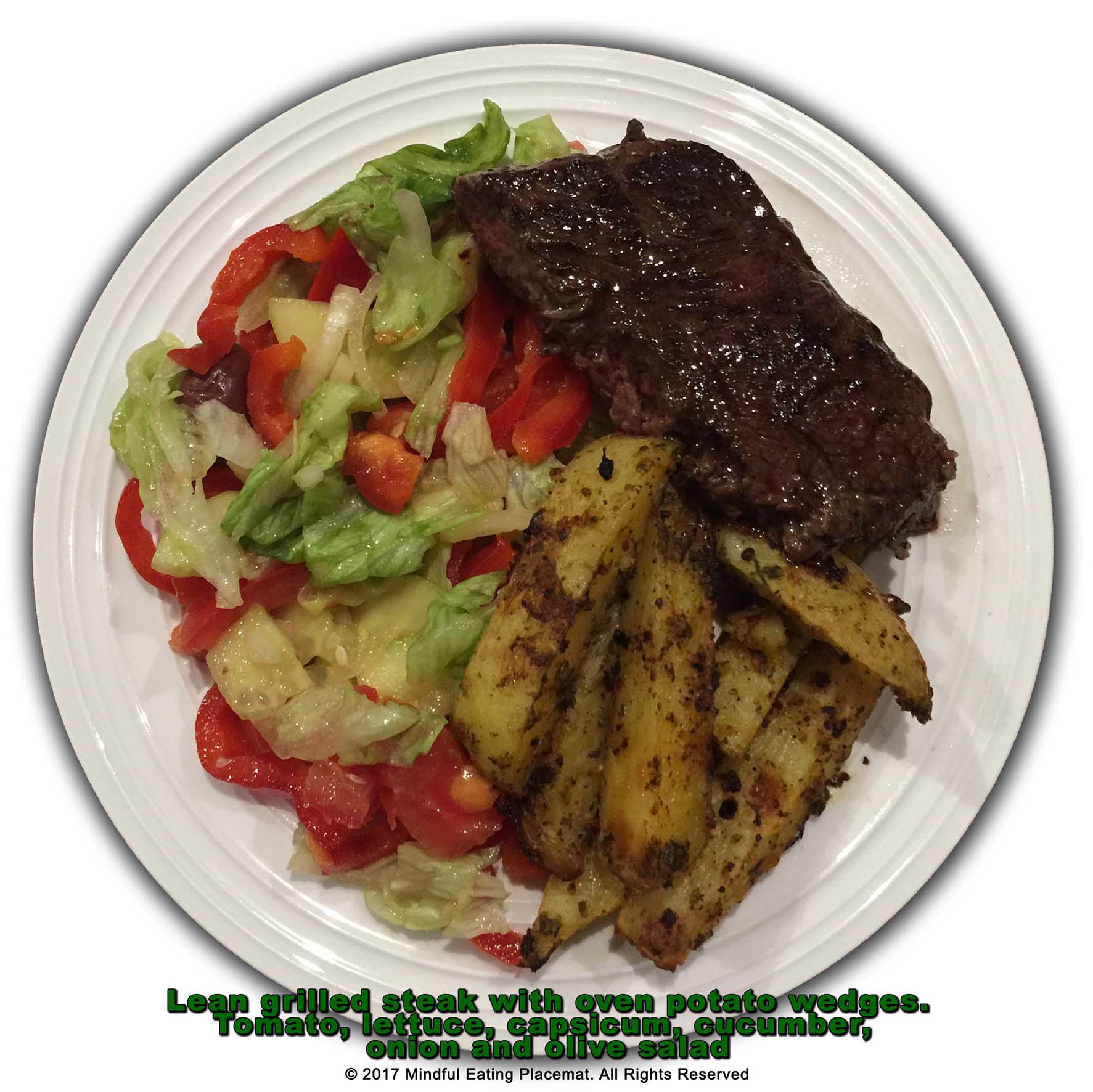 Steak with oven baked herb potato wedges and side salad