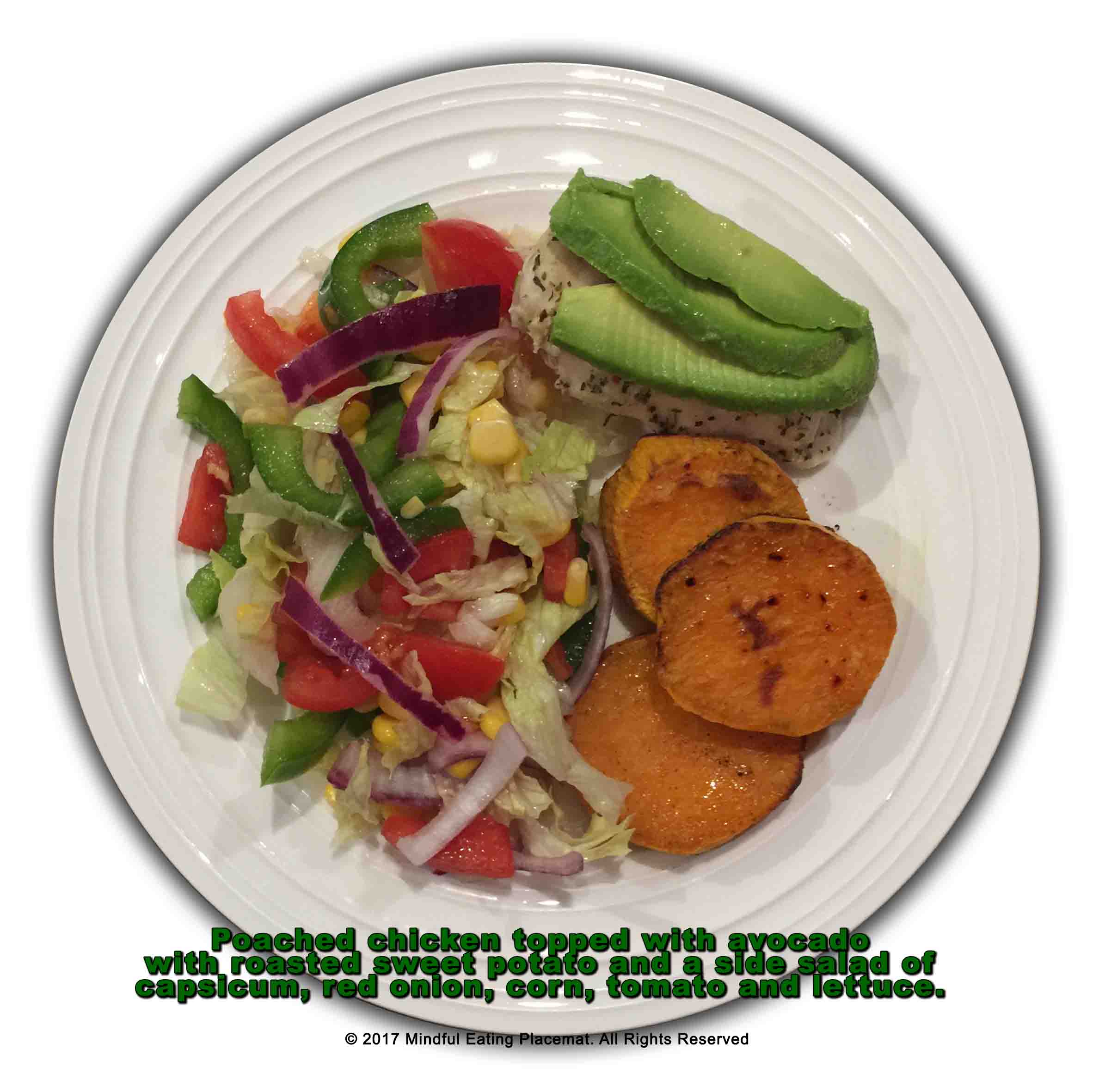 Poached chicken with avocado, sweet potato and salad