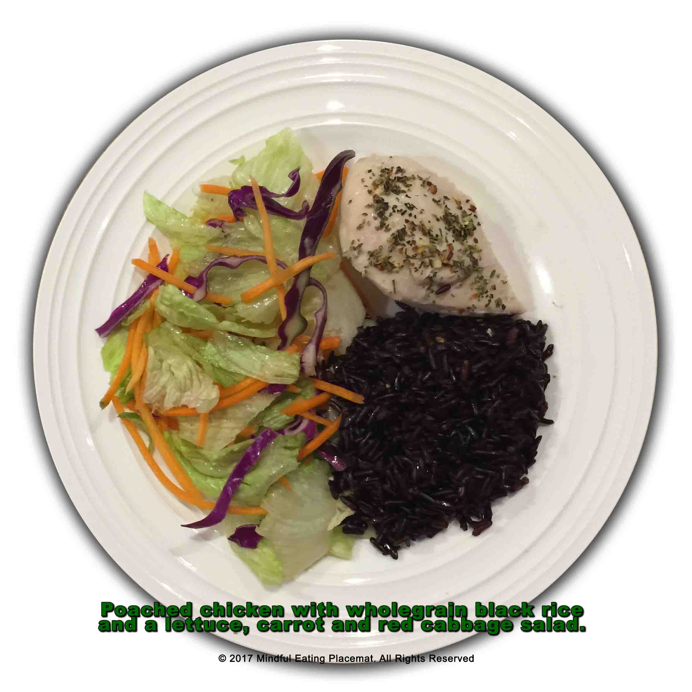 Poached chicken with black rice and salad 