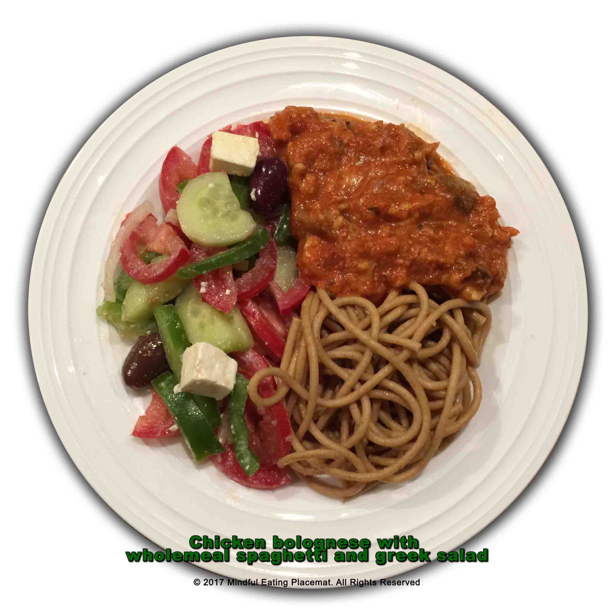 Chicken bolognese with wholemeal spaghetti and greek salad 