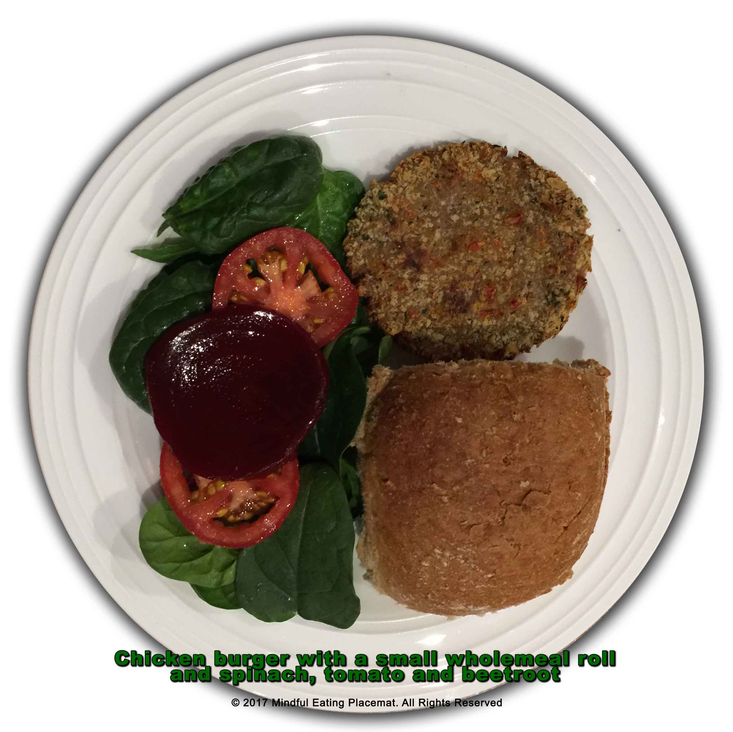 Chicken burger with wholemeal roll and spinach, tomato and beetroot