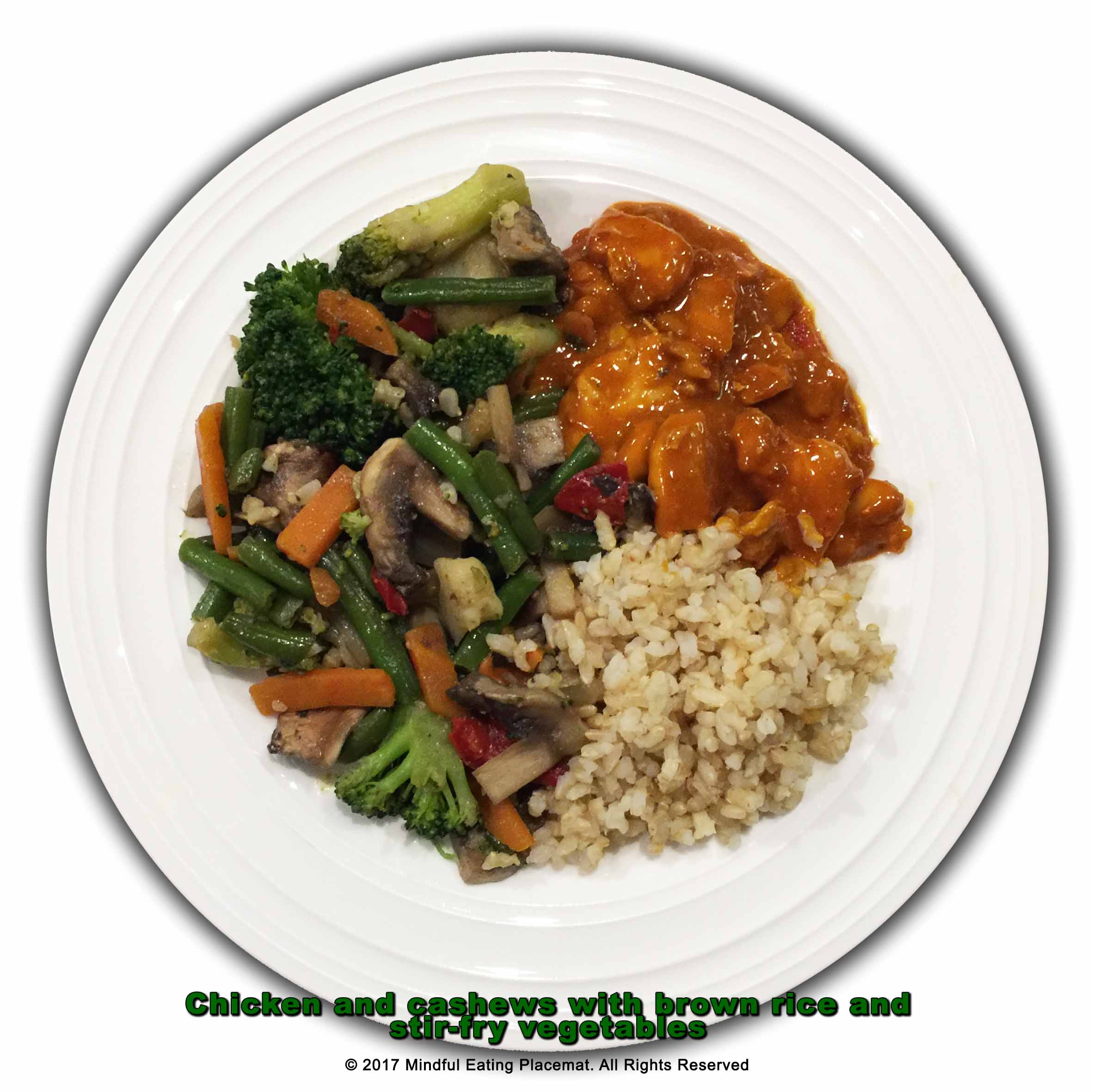 Chicken and cashews with brown rice and stir-fry vegetables