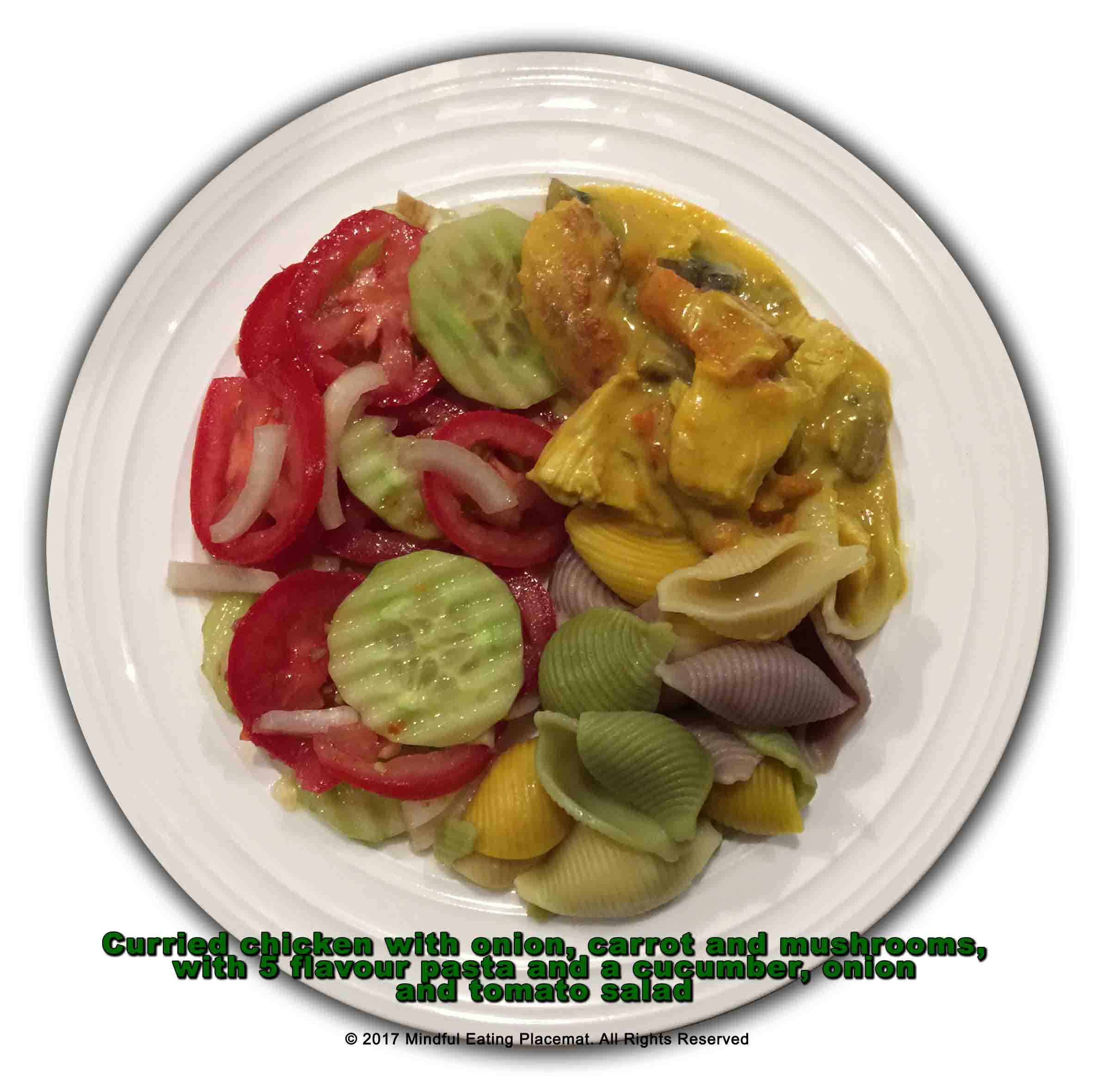Chicken curry with pasta and tomato, cucumber salad
