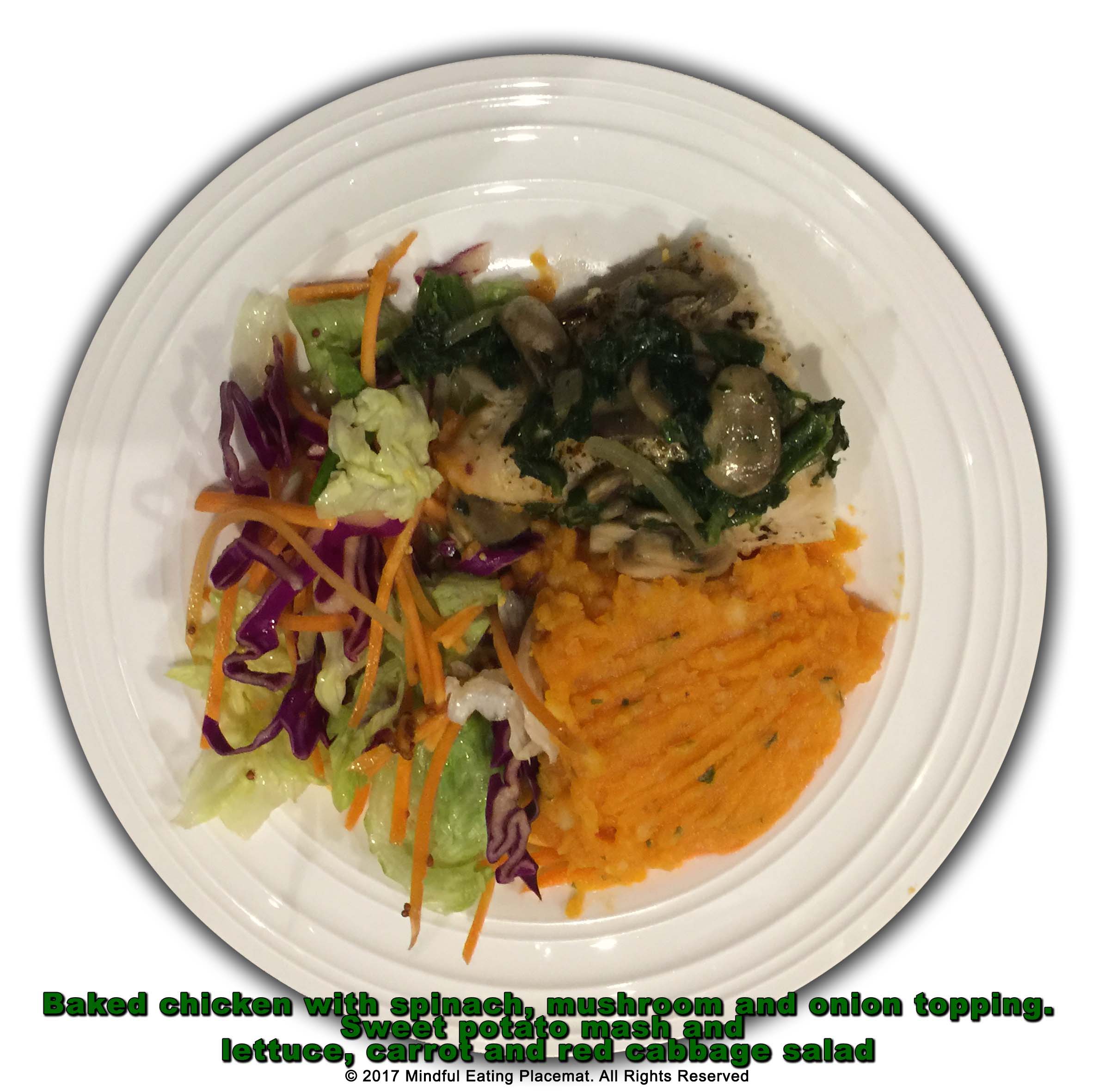 Baked chicken topped with mushrooms with sweet potato mash and side salad