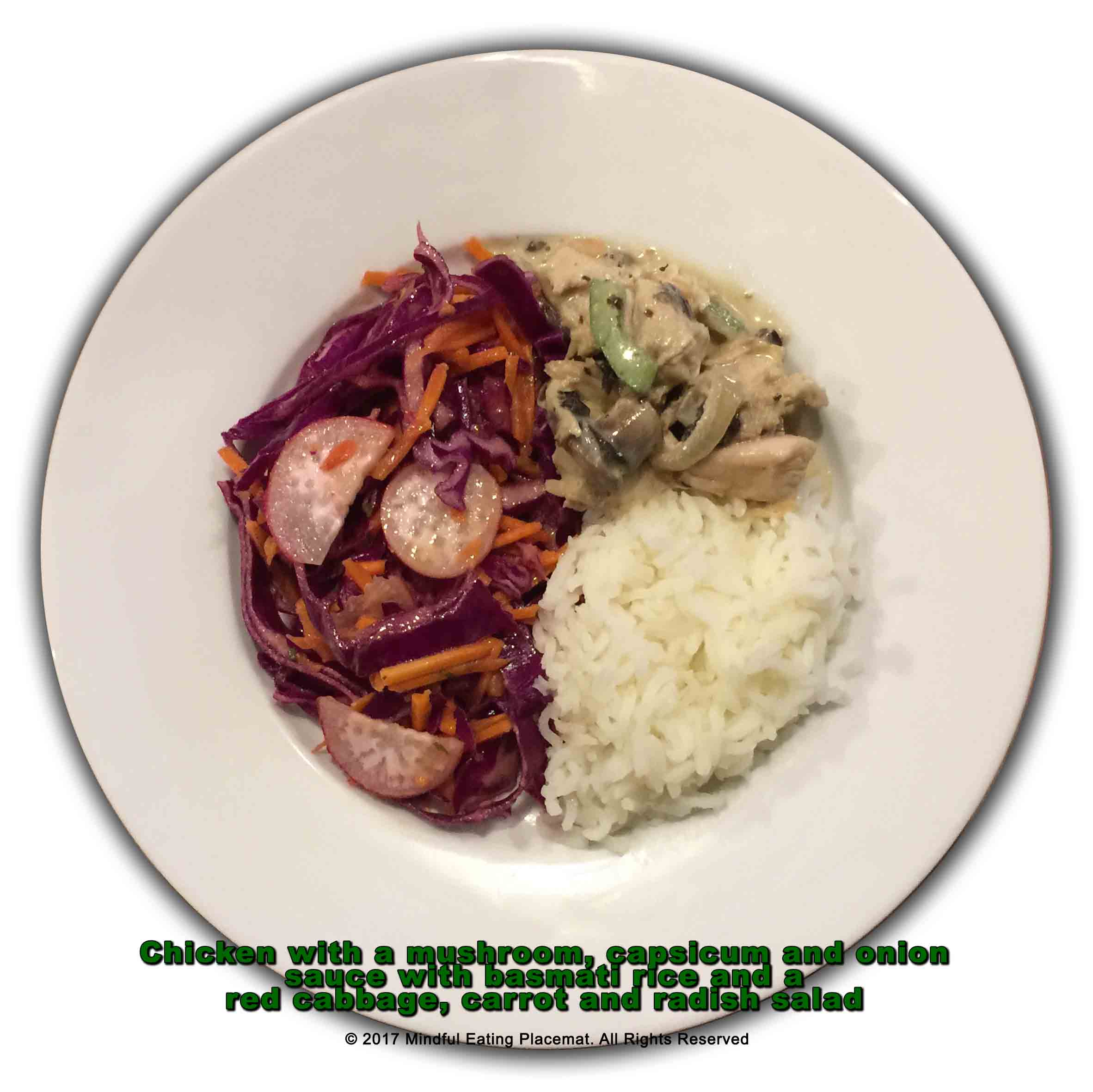 Chicken with mushrooms, capsicum and onion, with basmati rice and red cabbage salad