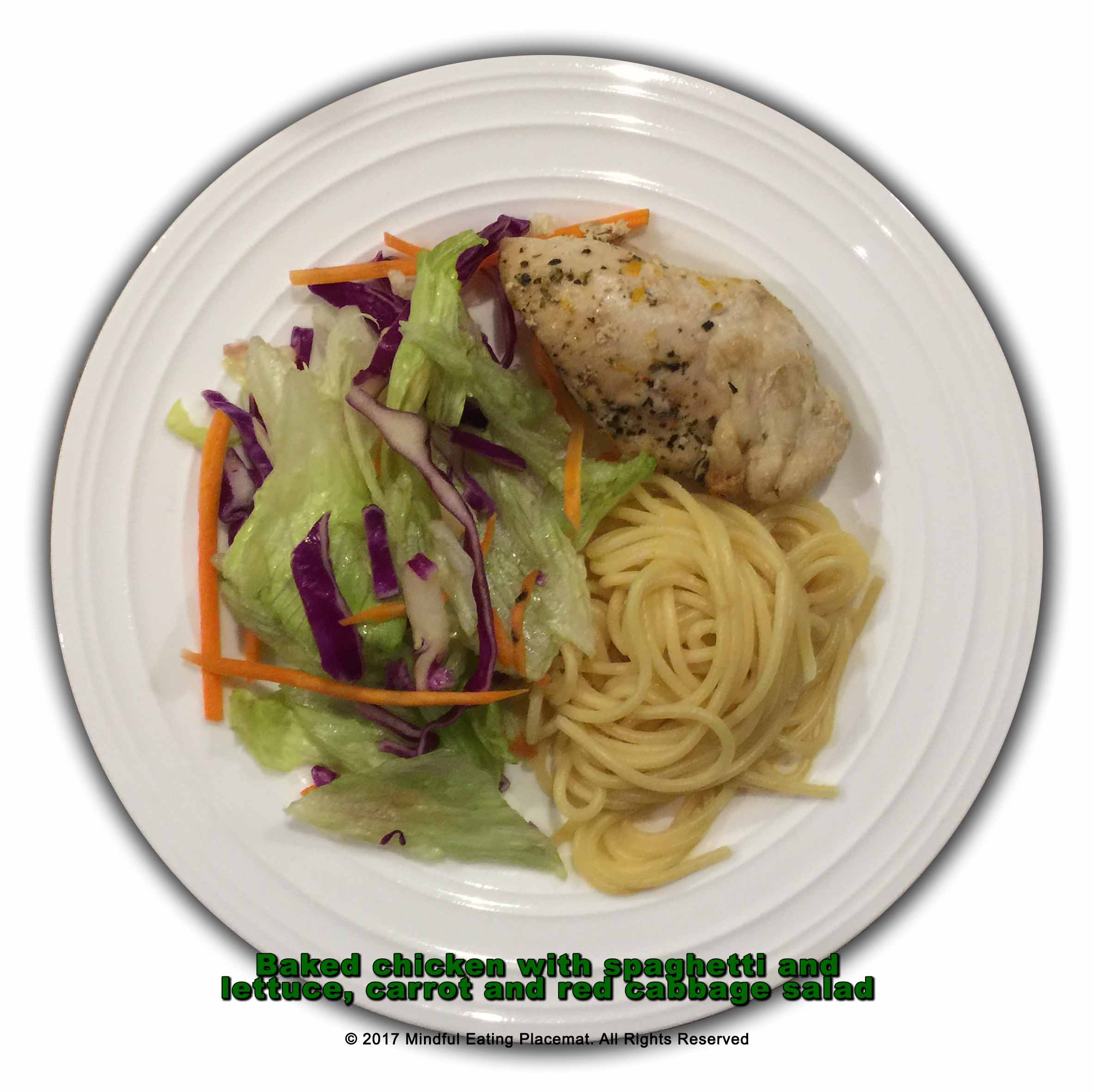 Baked chicken with spaghetti and side salad