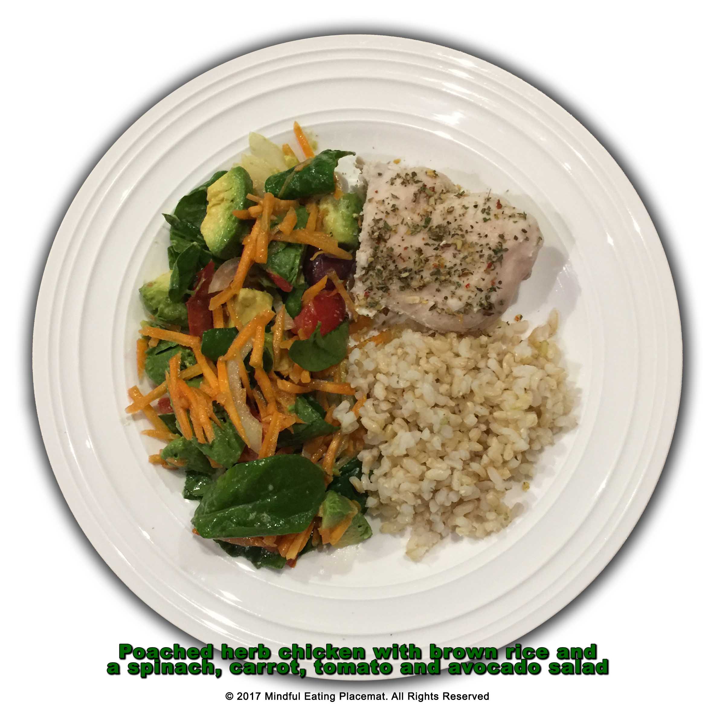 Poached chicken with brown rice and side salad