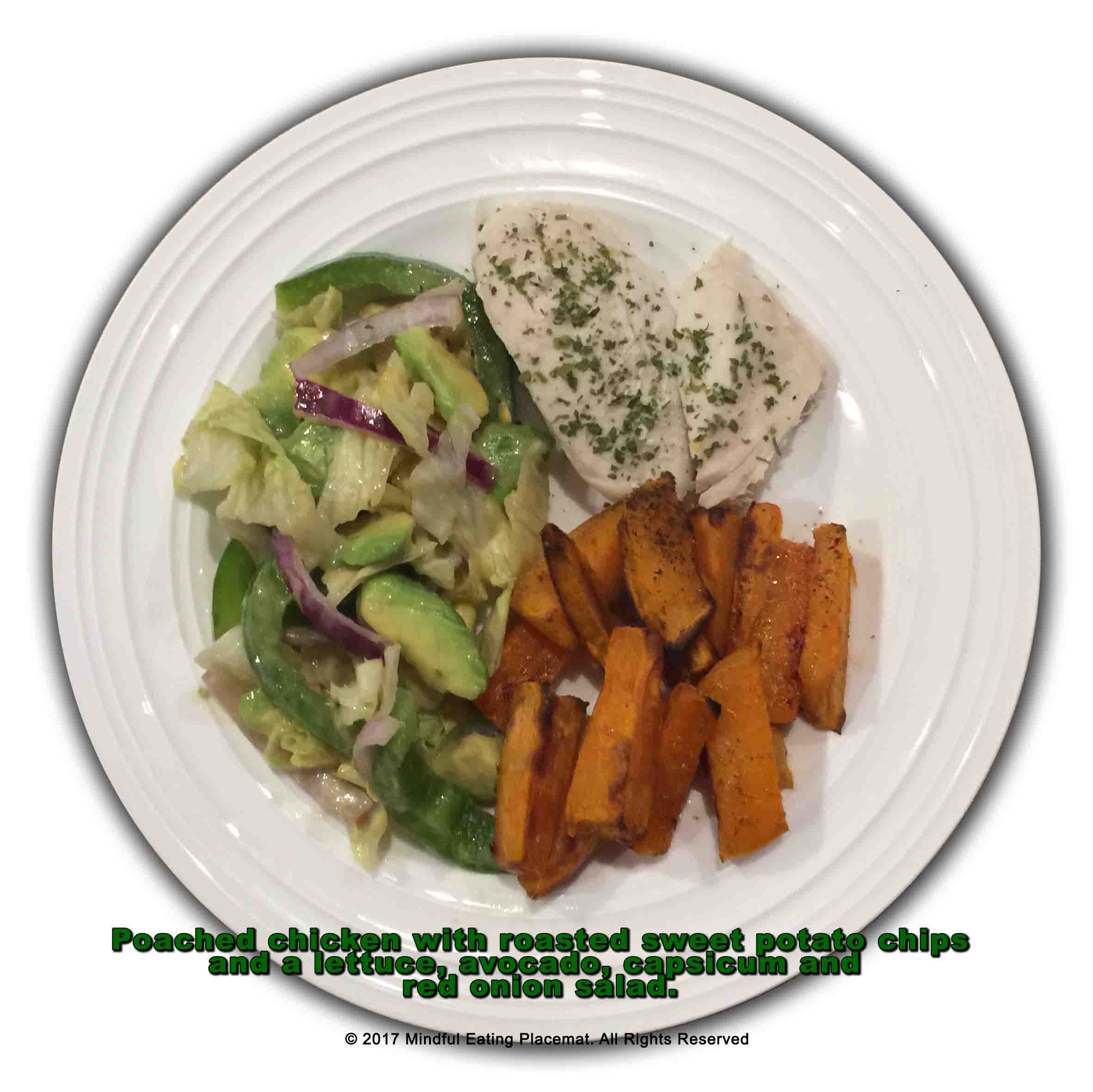 Poached chicken with oven baked sweet potato fries and green salad