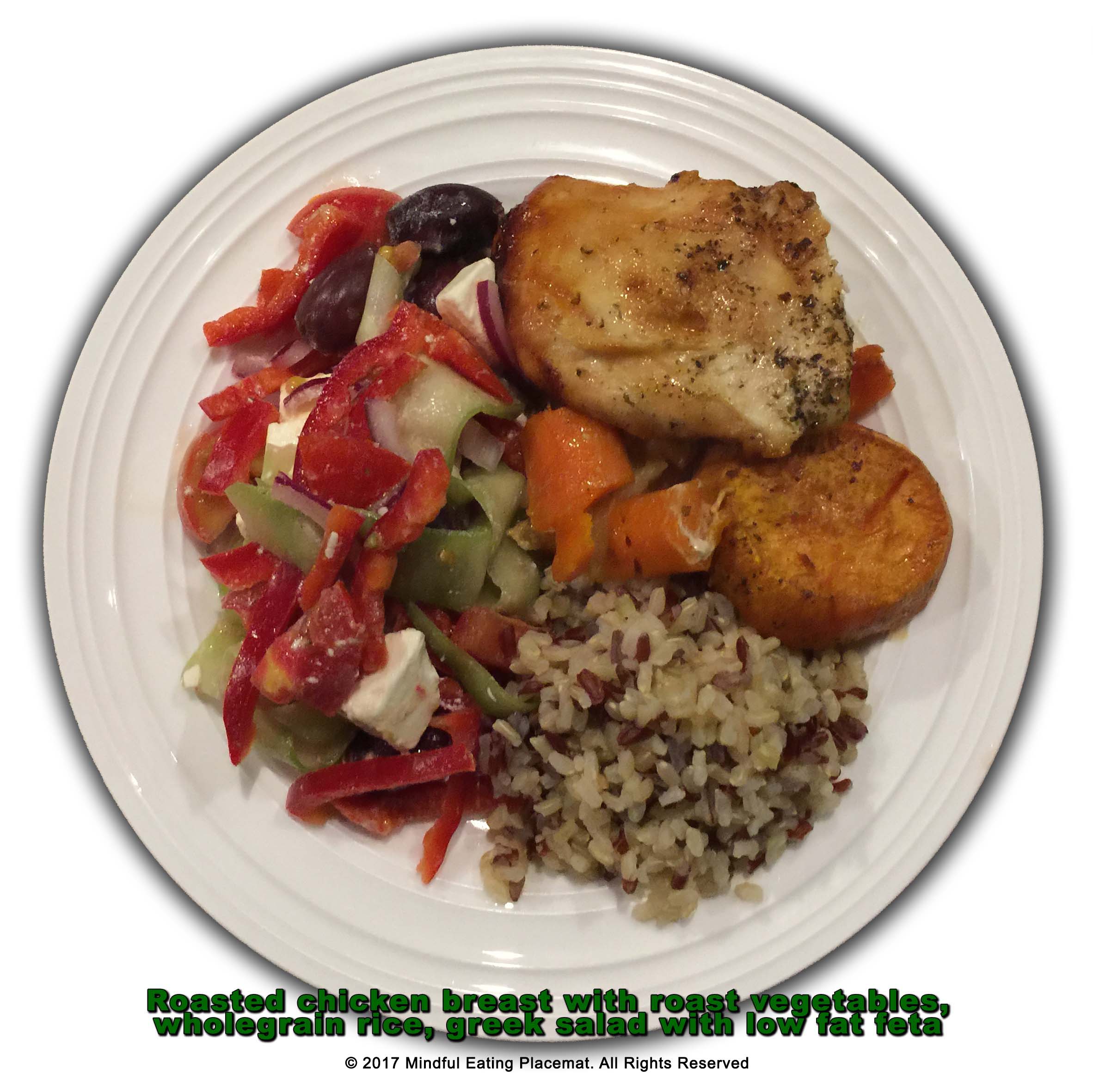 Roasted chicken with veges, rice and greek salad
