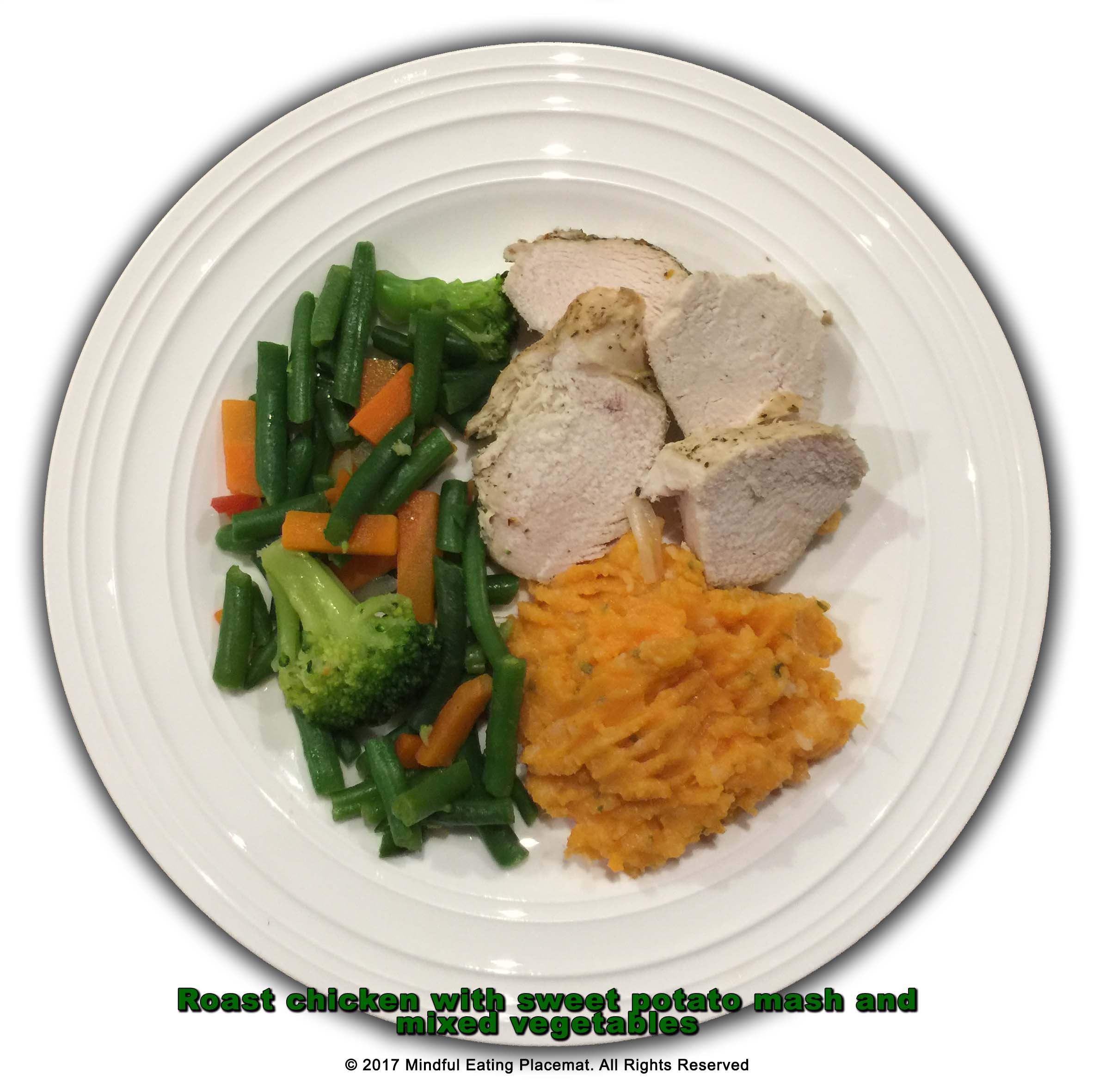 Poached chicken with sweet potato mash and beans, carrots and broccoli