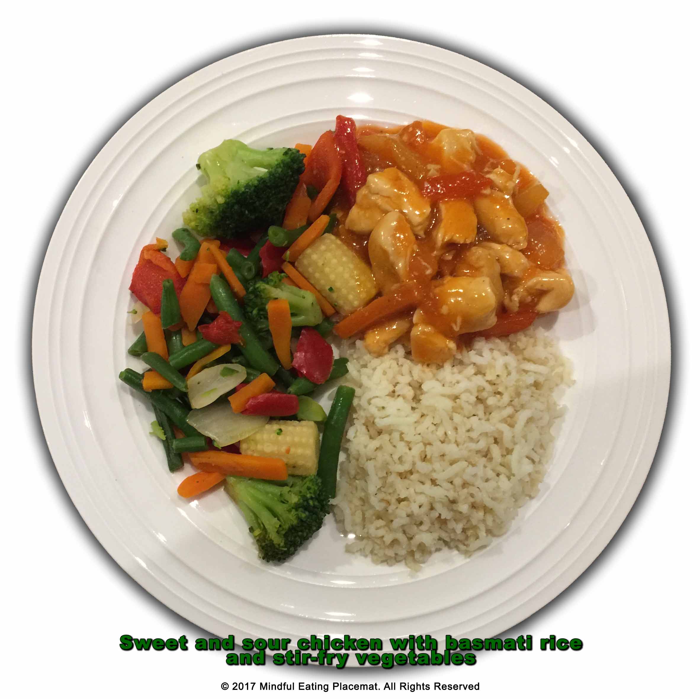 Sweet and sour chicken with basmati rice and stir-fry vegetables