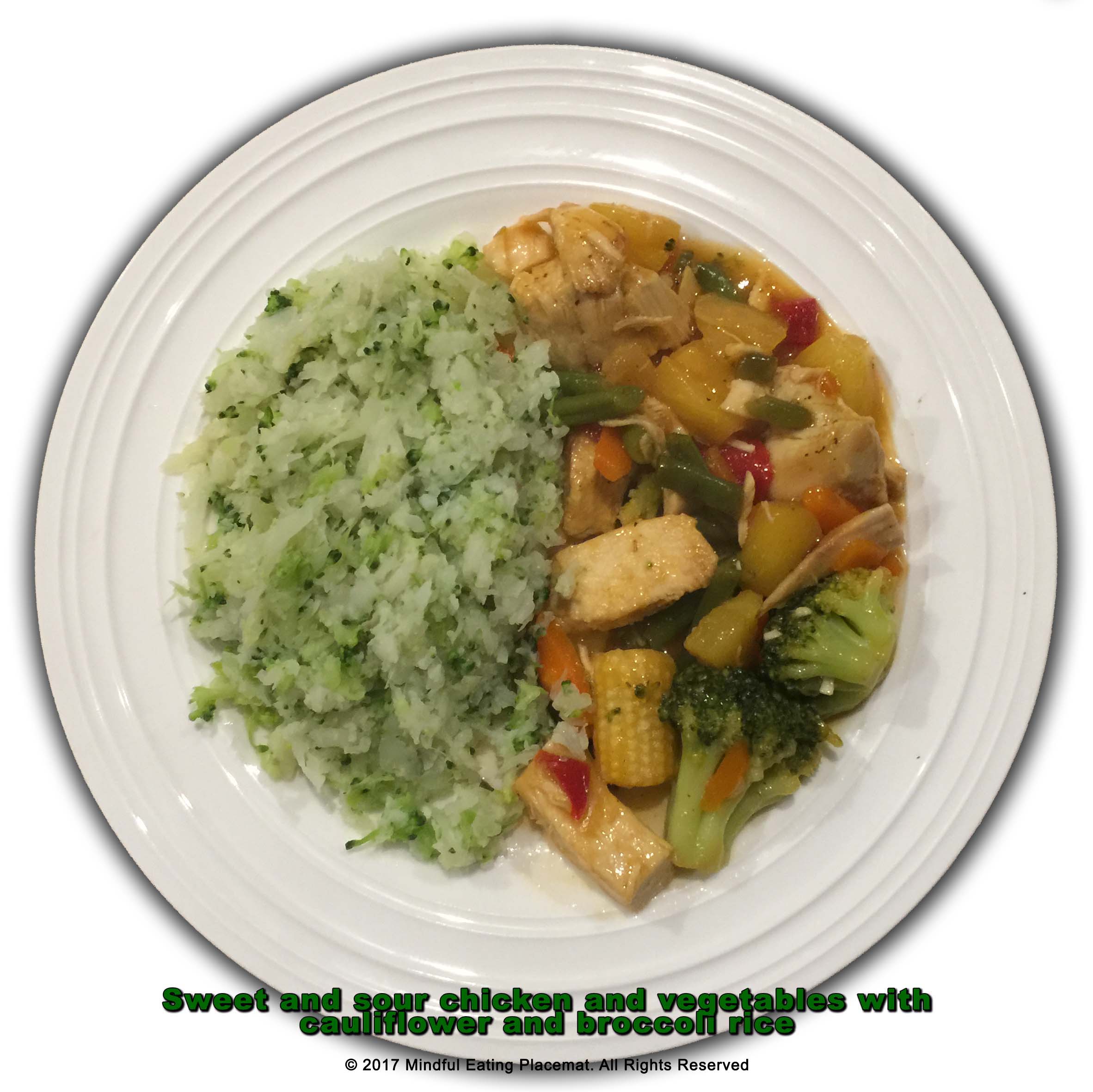 Sweet and sour chicken with stir-fry vegetables and cauliflower and broccoli rice