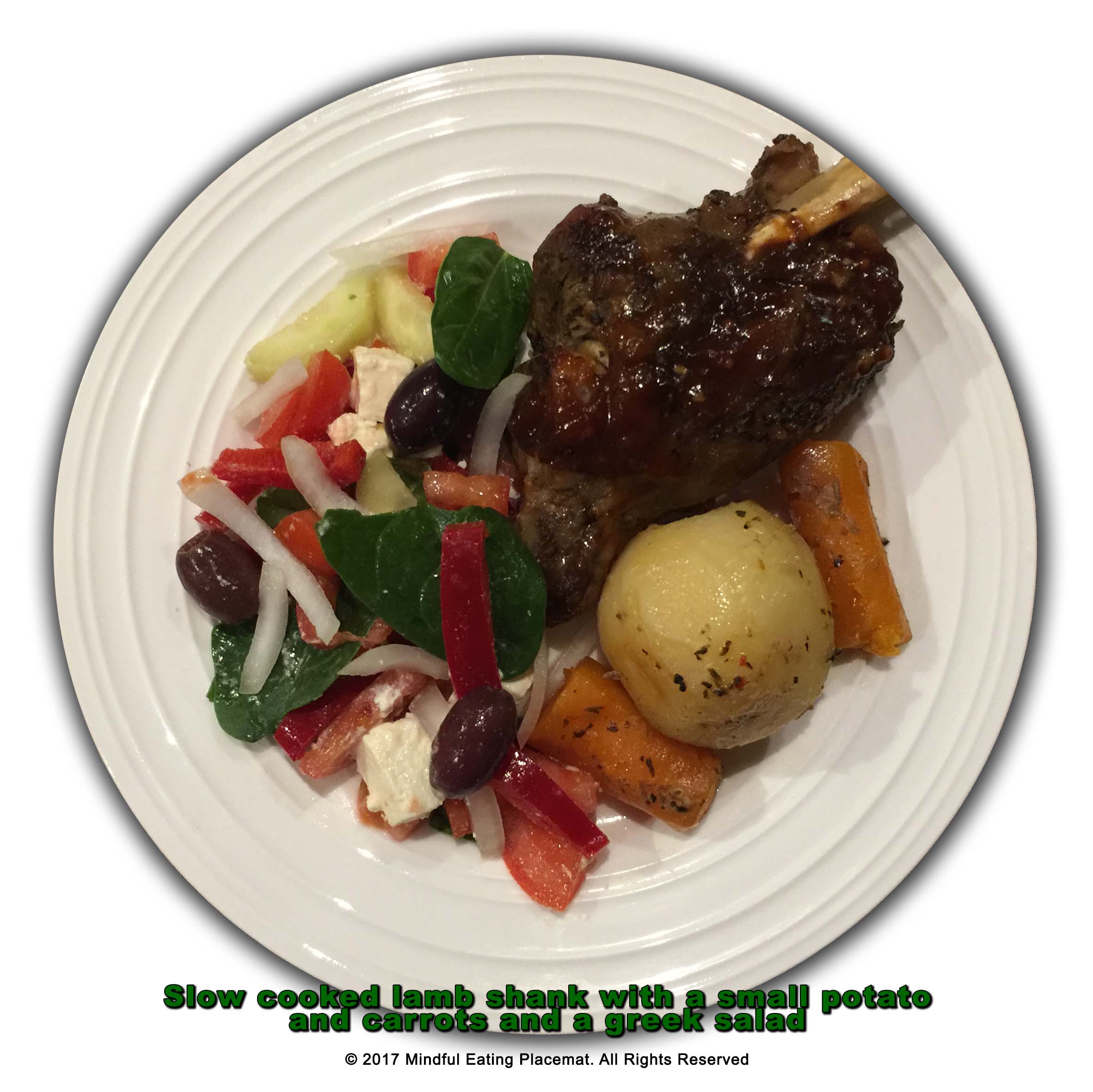 Lamb shank with roasted vegetables and greek salad