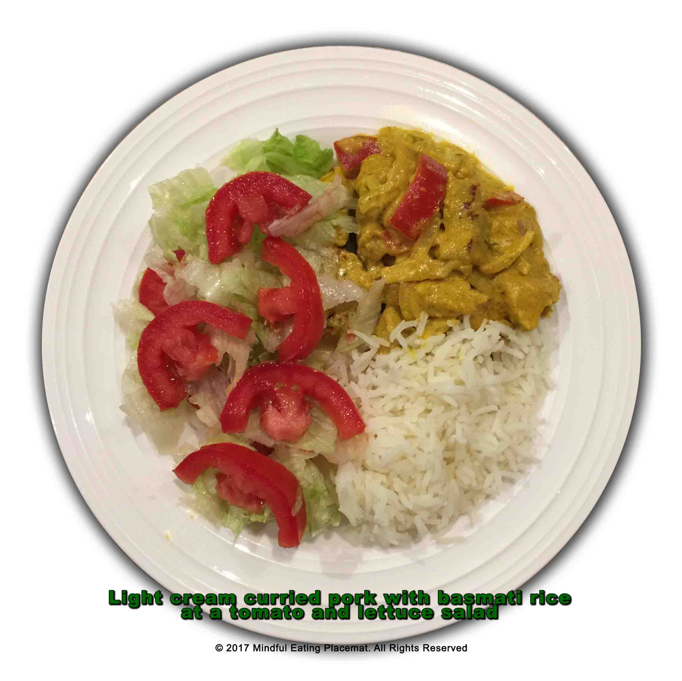 Curried pork with basmati rice and salad