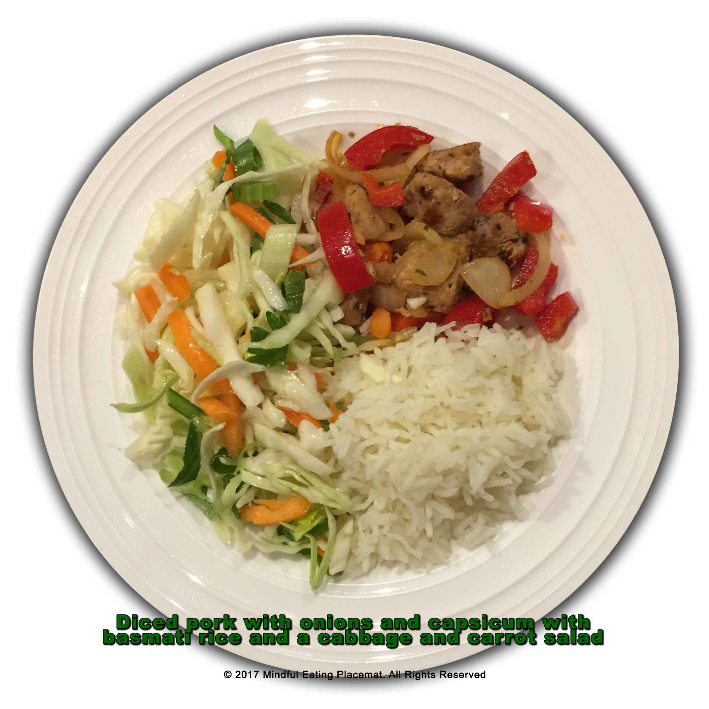 Pork with capsicum and onions with basmati rice and salad