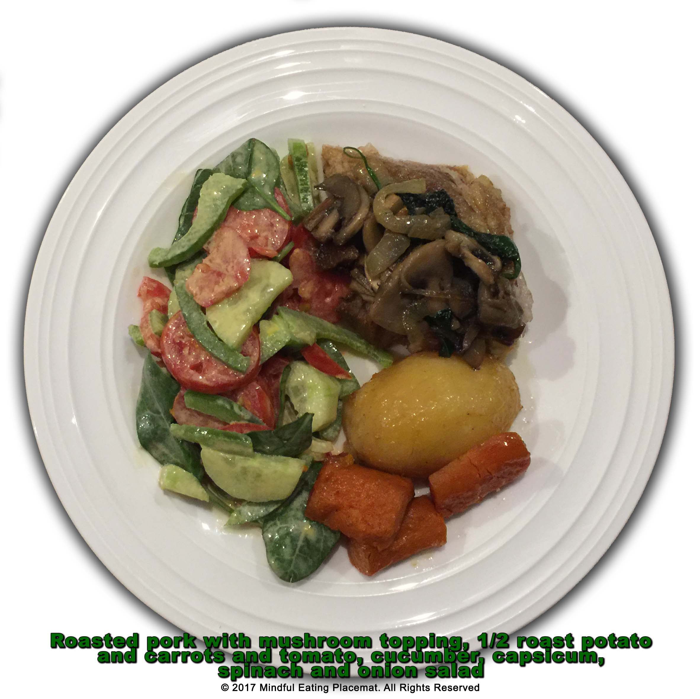 Pork with mushrooms, roasted vegetables and salad