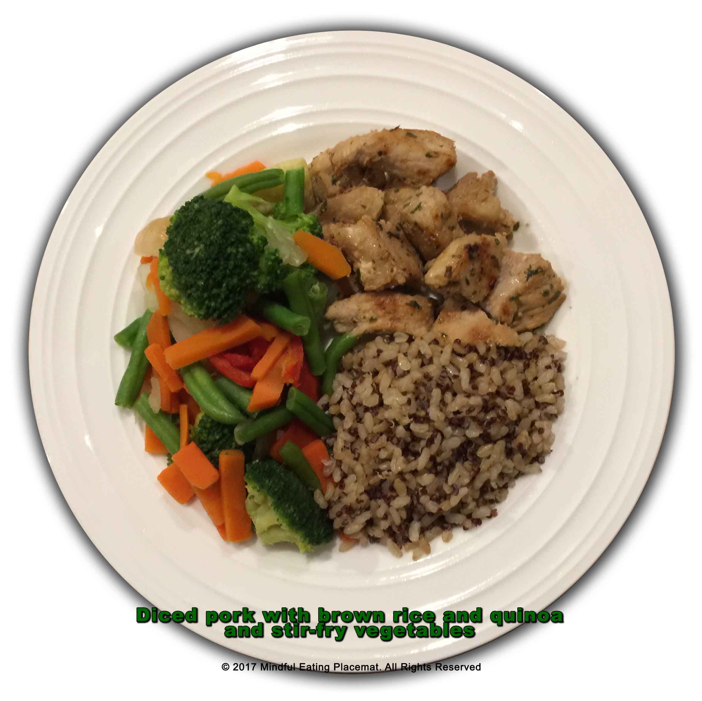 Diced pork with brown rice and quinoa and stir-fry vegetables