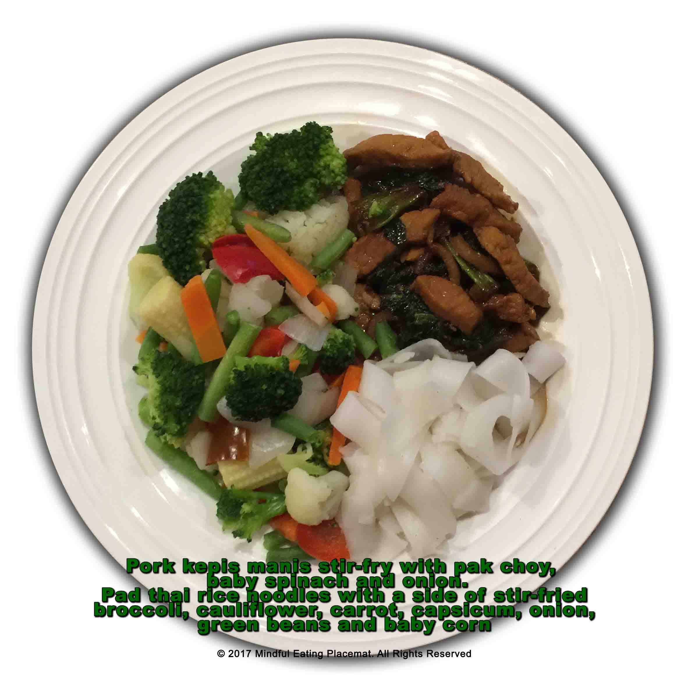 Pork stir-fry with rice noodles and vegetables 