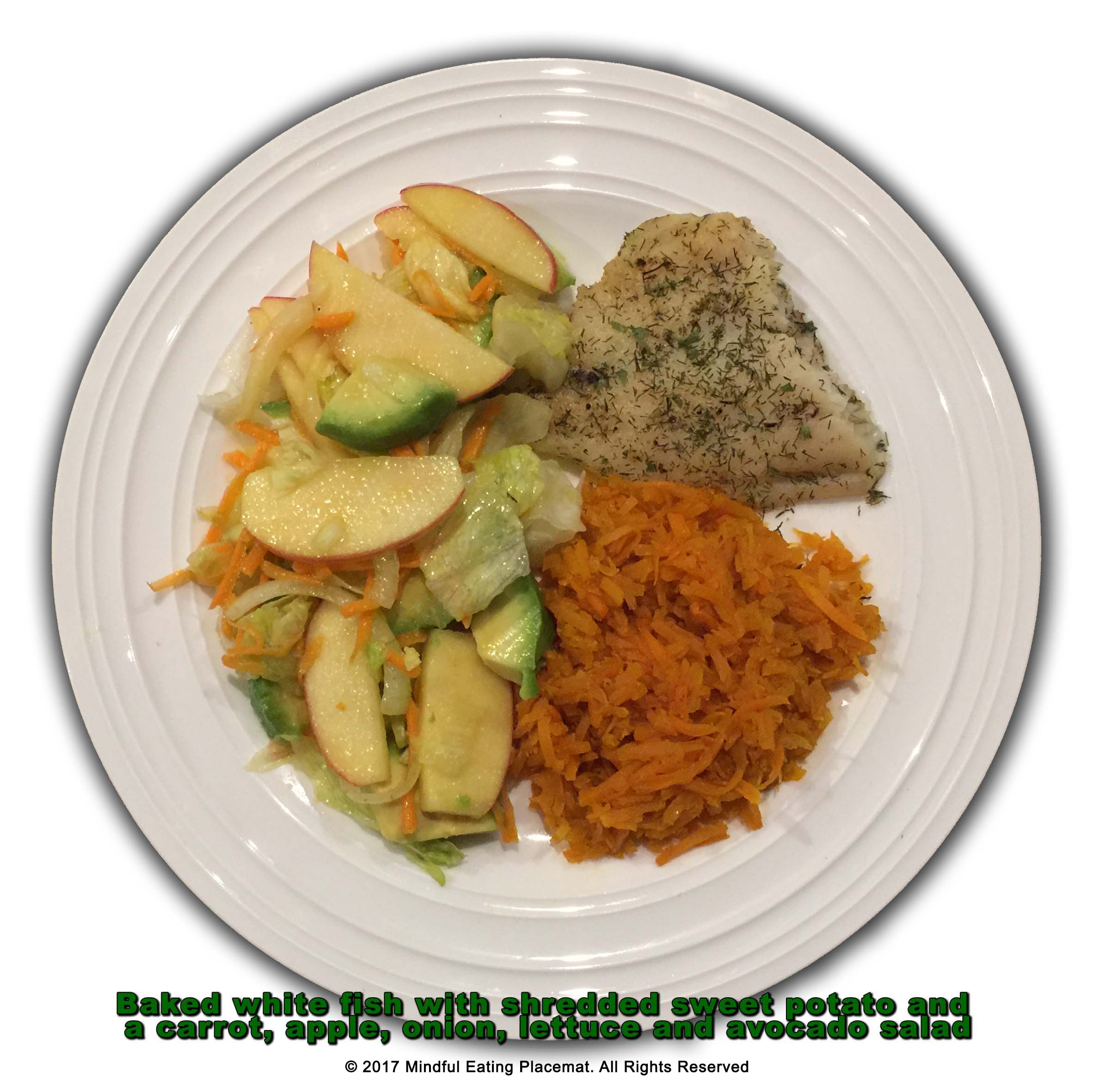 Baked fish with shredded sweet potato and carrot with side salad