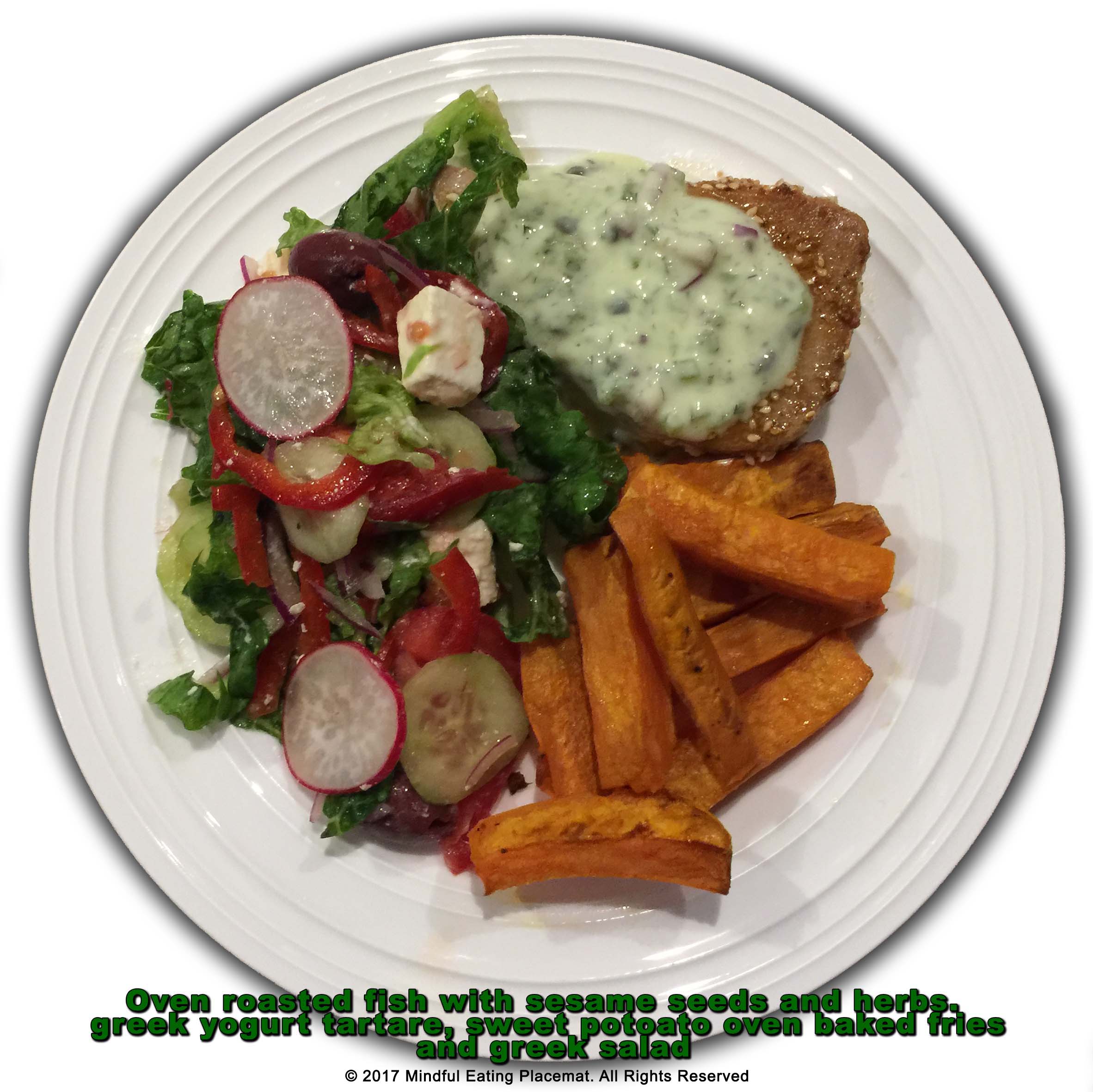 Baked sesame seed fish with sweet potato fries and greek salad
