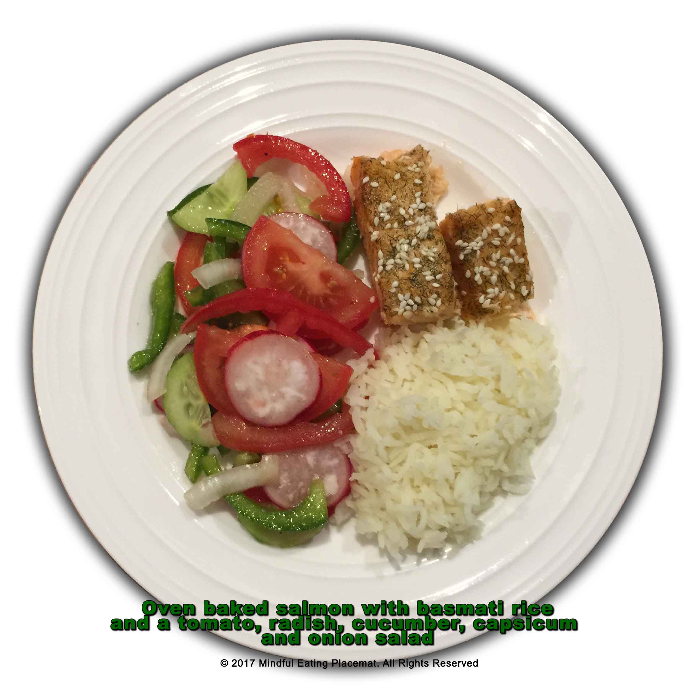 Oven baked salmon with basmati rice and salad