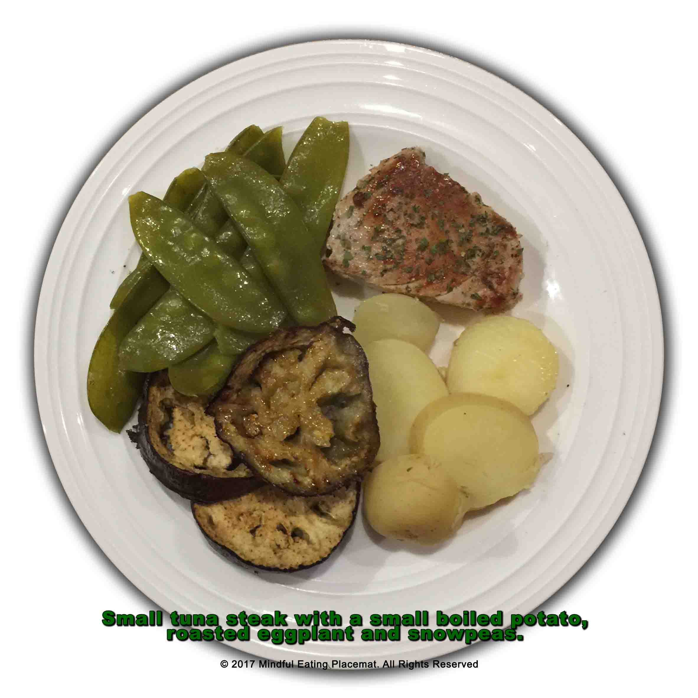 Tuna steak with potato, eggplant and snowpeas
