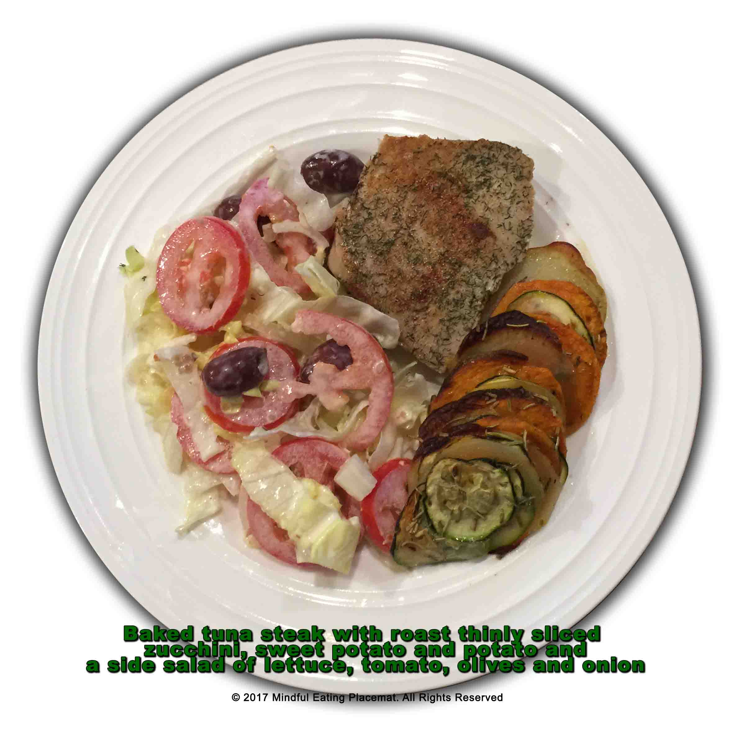 Tuna steak with thin roasted vegetables and tomato, lettuce, onion and olive salad