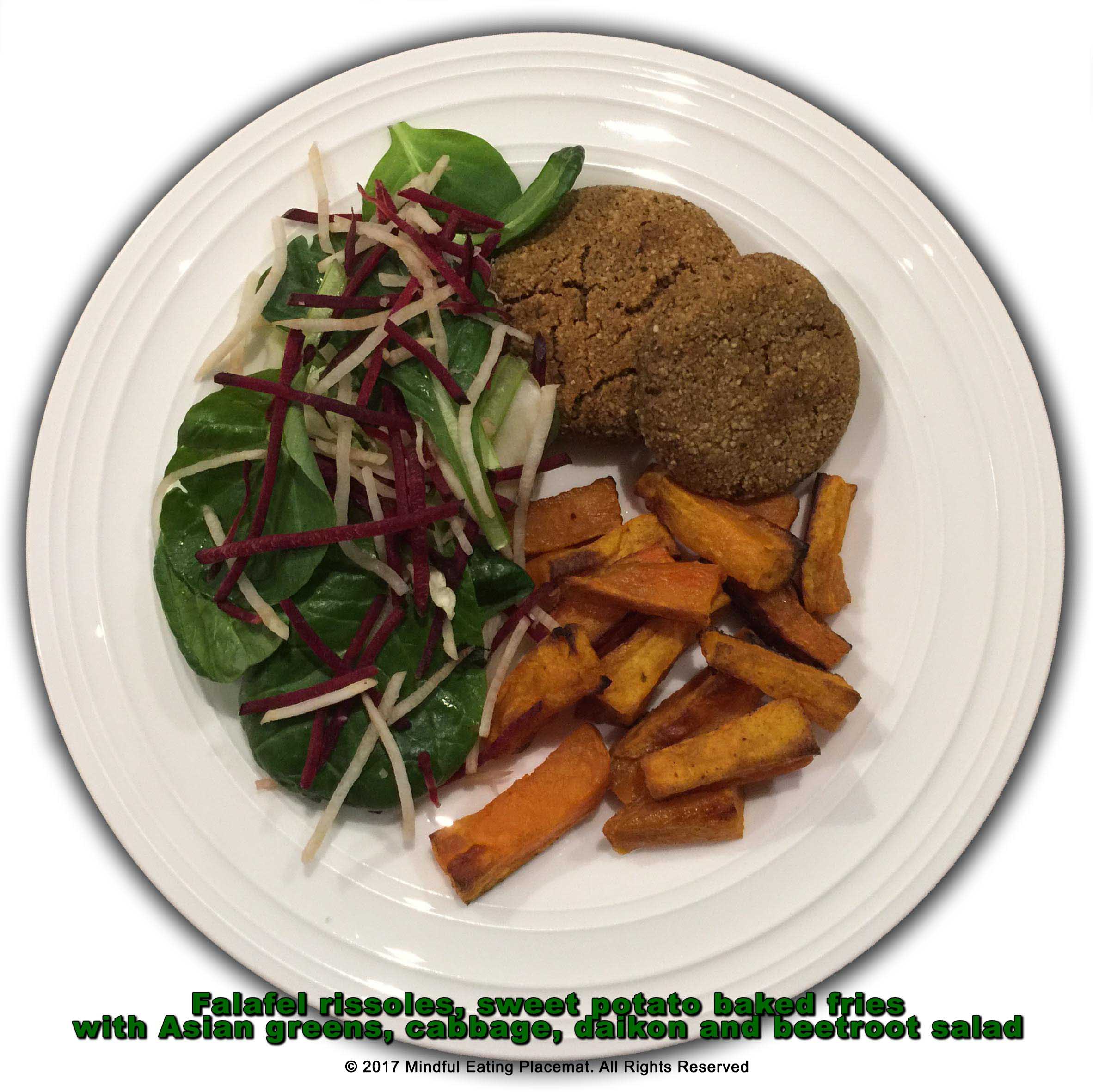 Falafel with sweet potato chips and asian green salad