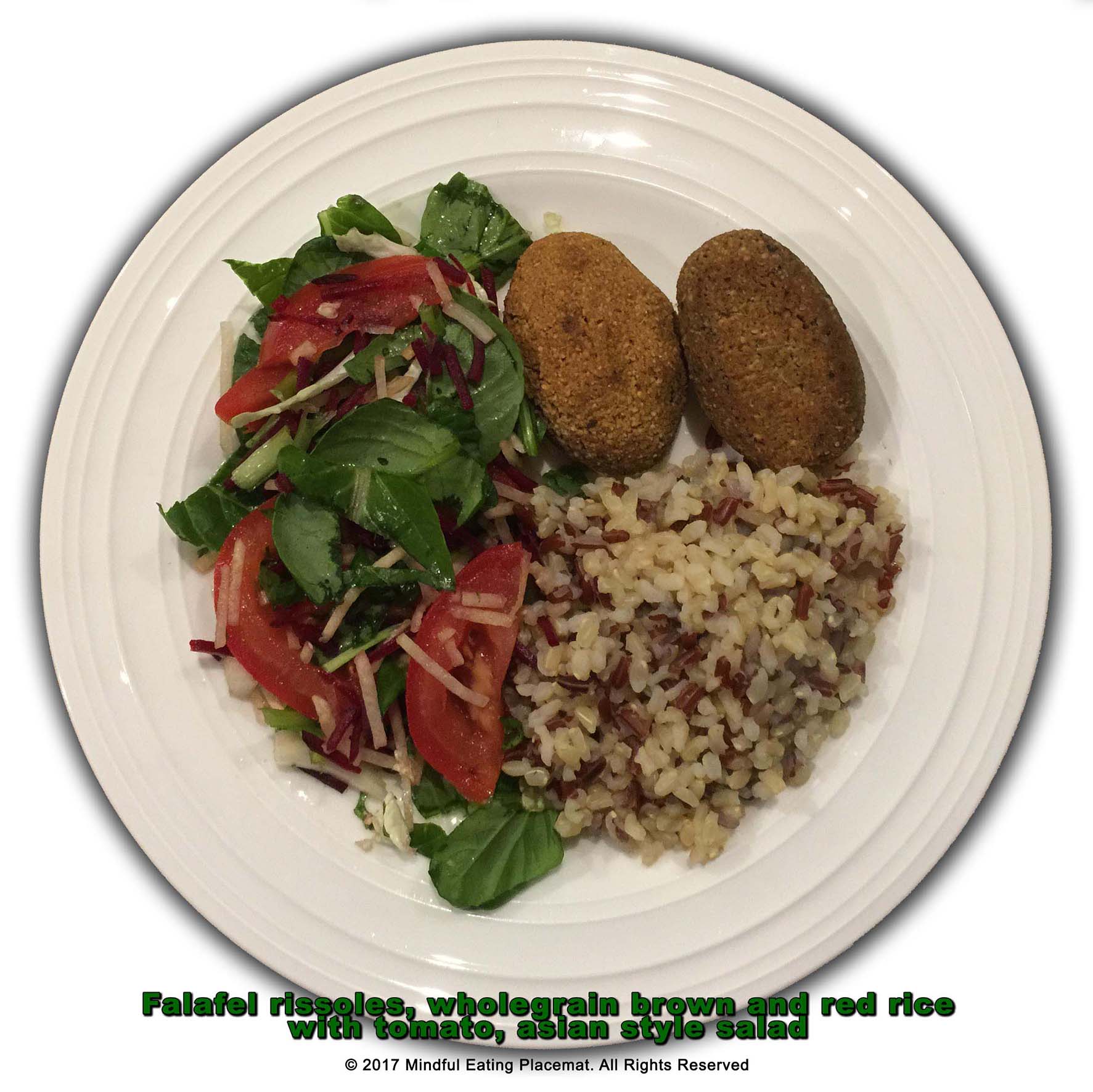 Falafel with brown and red rice with a green salad