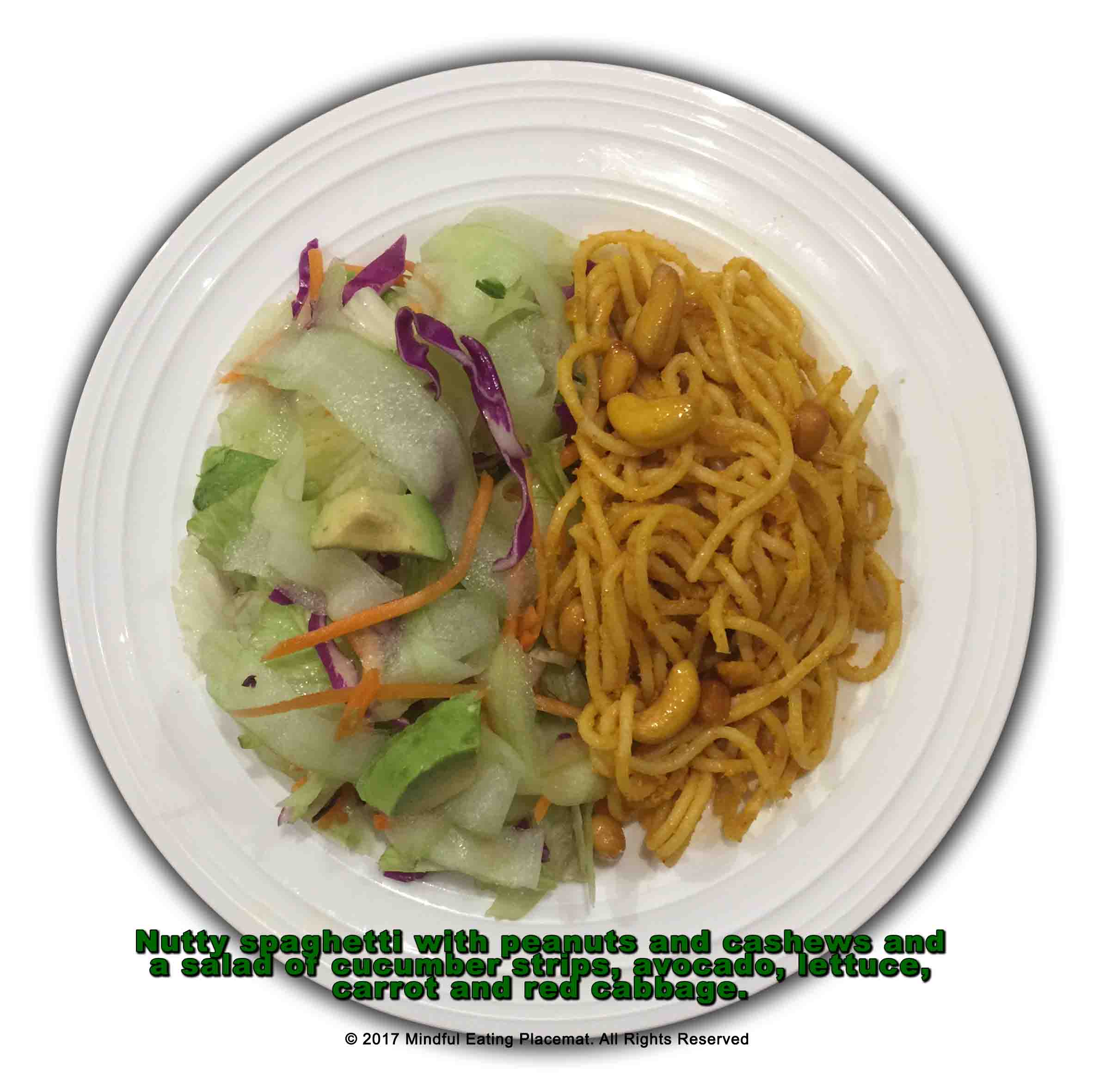 Nutty spaghetti with peanuts and cashews with a cucumber and avocado salad 