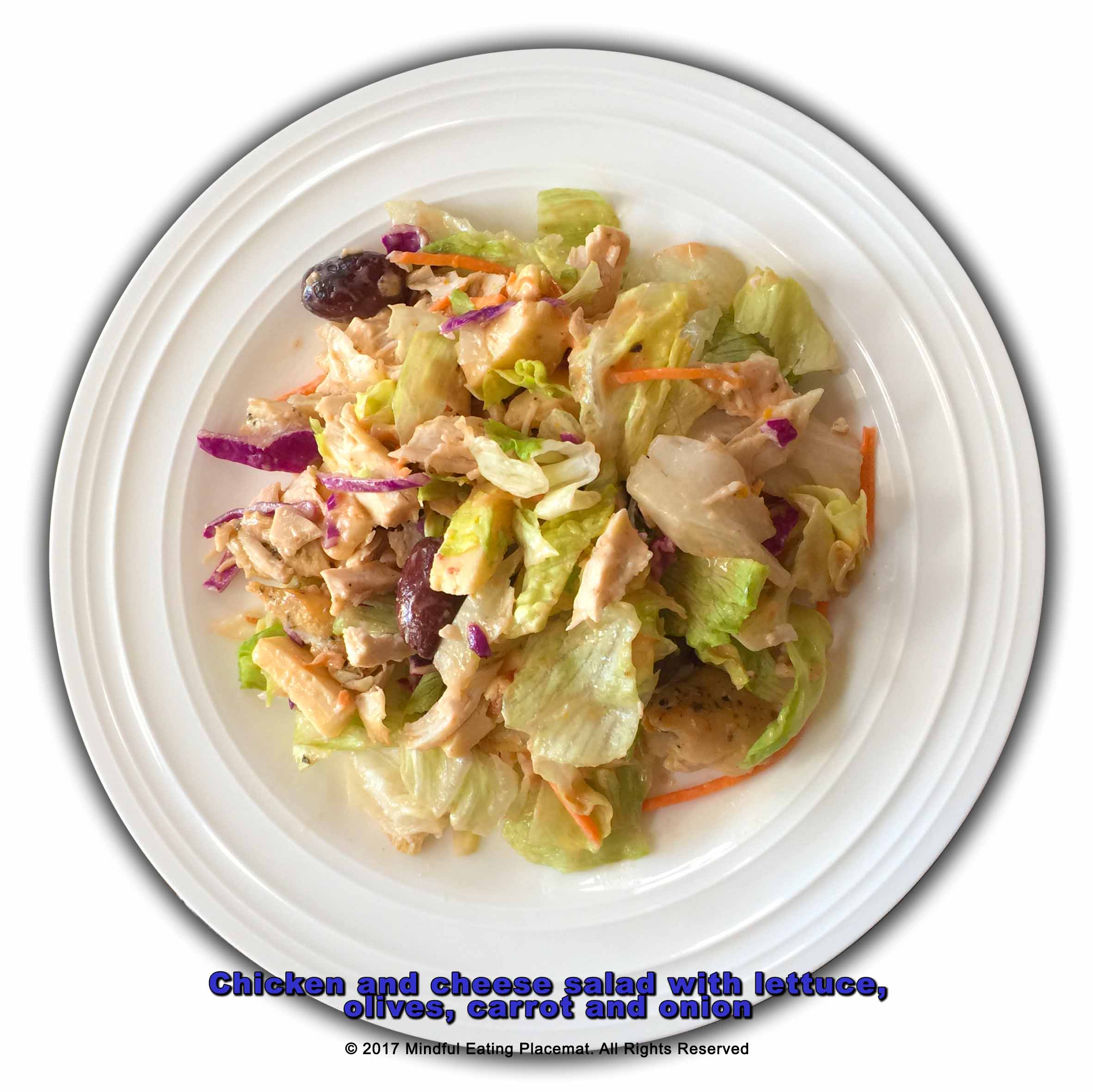 Chicken and cheese salad with lettuce, olives, carrot and onion