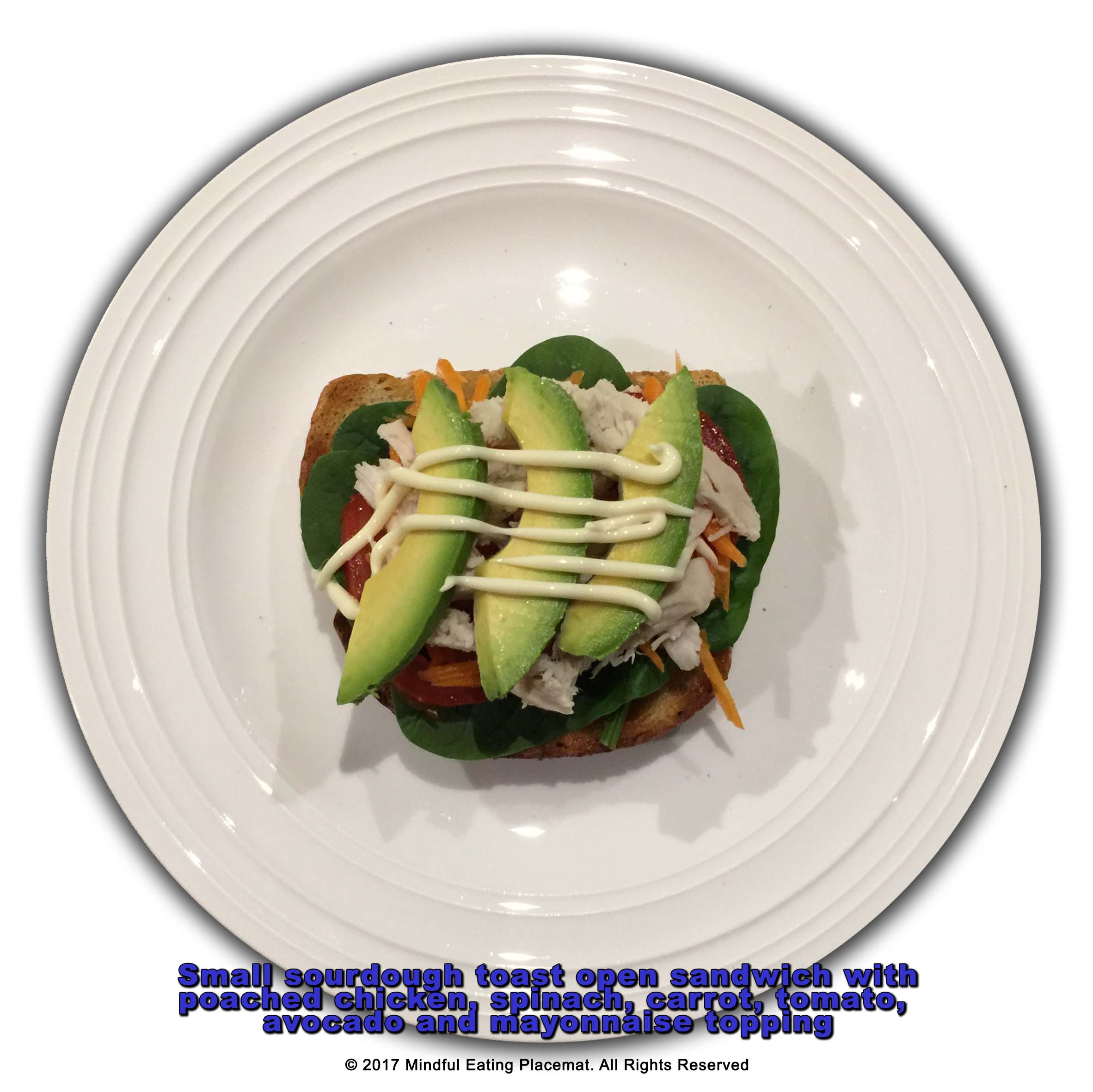 Small sourdough toast open sandwich with poached chicken, spinach, carrot, tomato and avocado